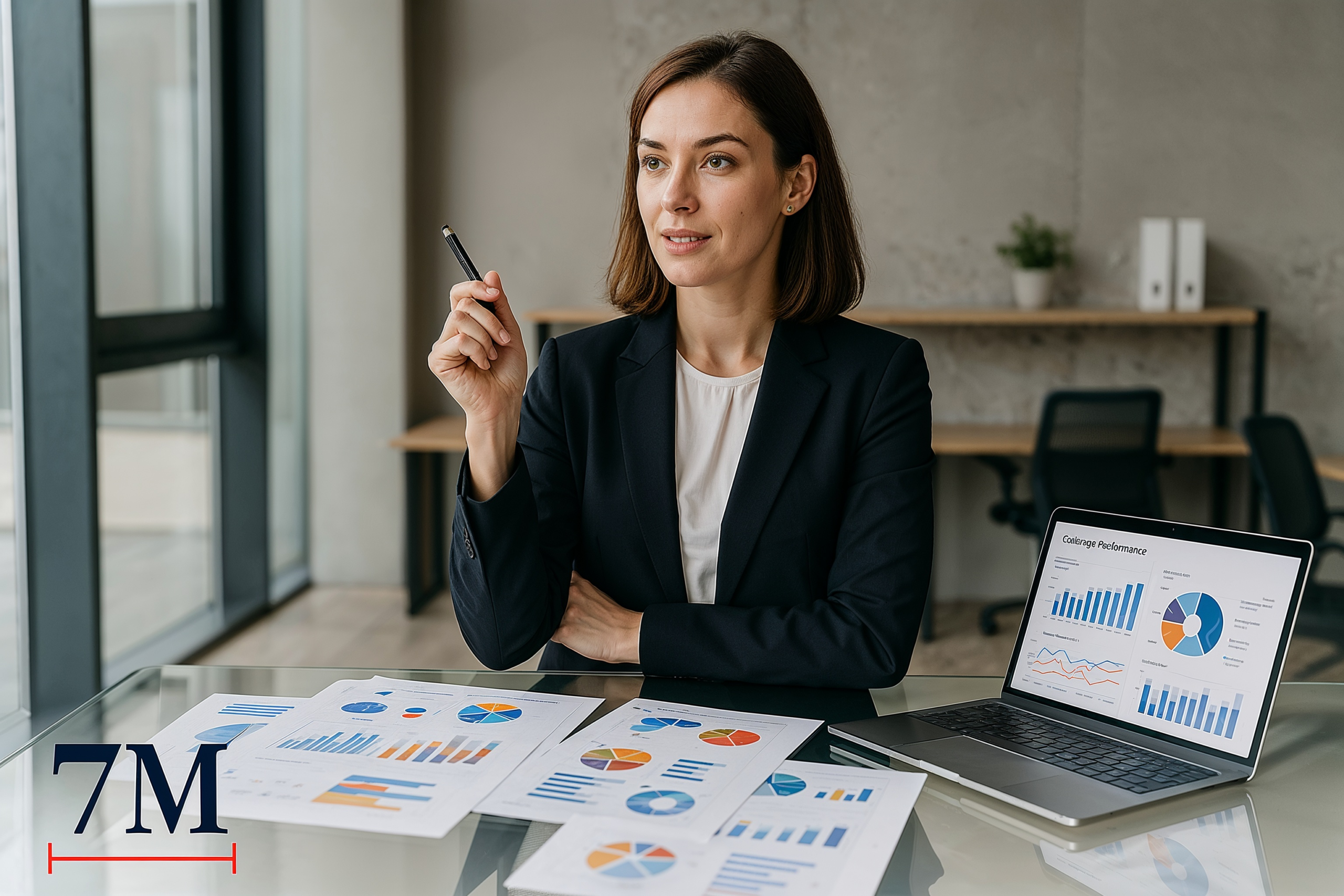 Businesswoman in a modern office surrounded by marketing analytics printouts, gesturing thoughtfully and planning marketing strategy.