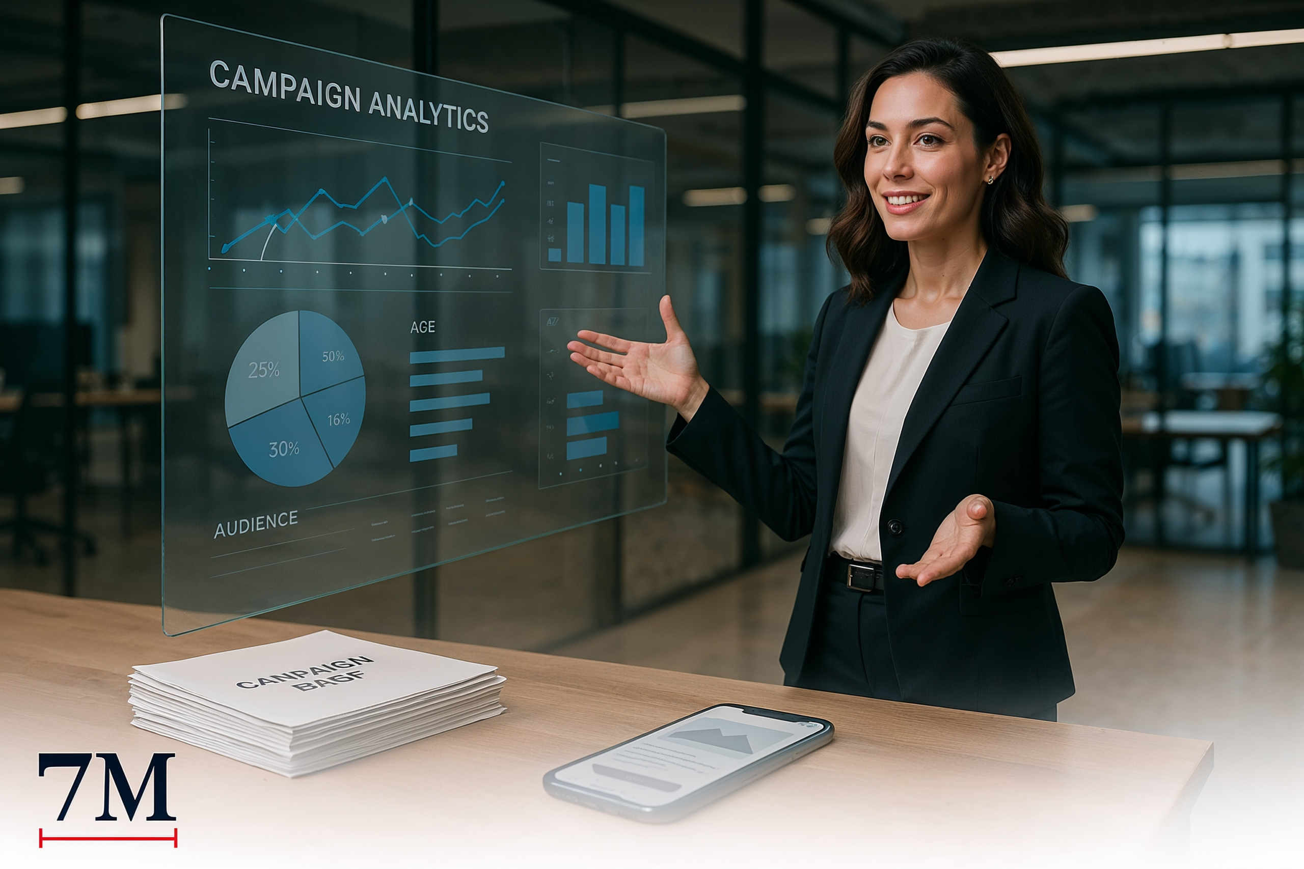 Businesswoman in modern agency workspace presenting digital marketing analytics on a transparent display, surrounded by campaign briefs and mobile ad previews.