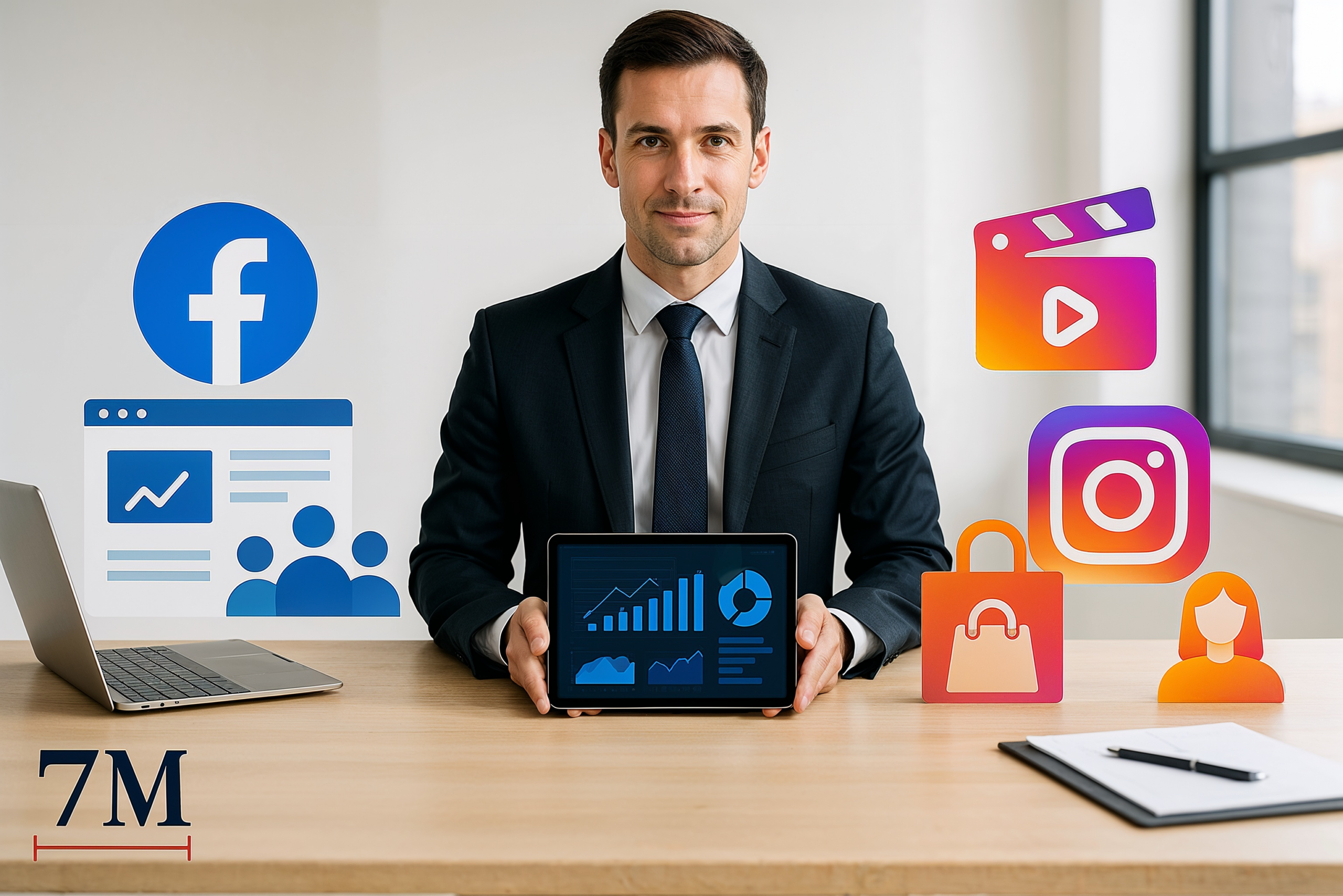 Business professional comparing Facebook and Instagram marketing strategies at a creative workspace, analyzing data analytics.