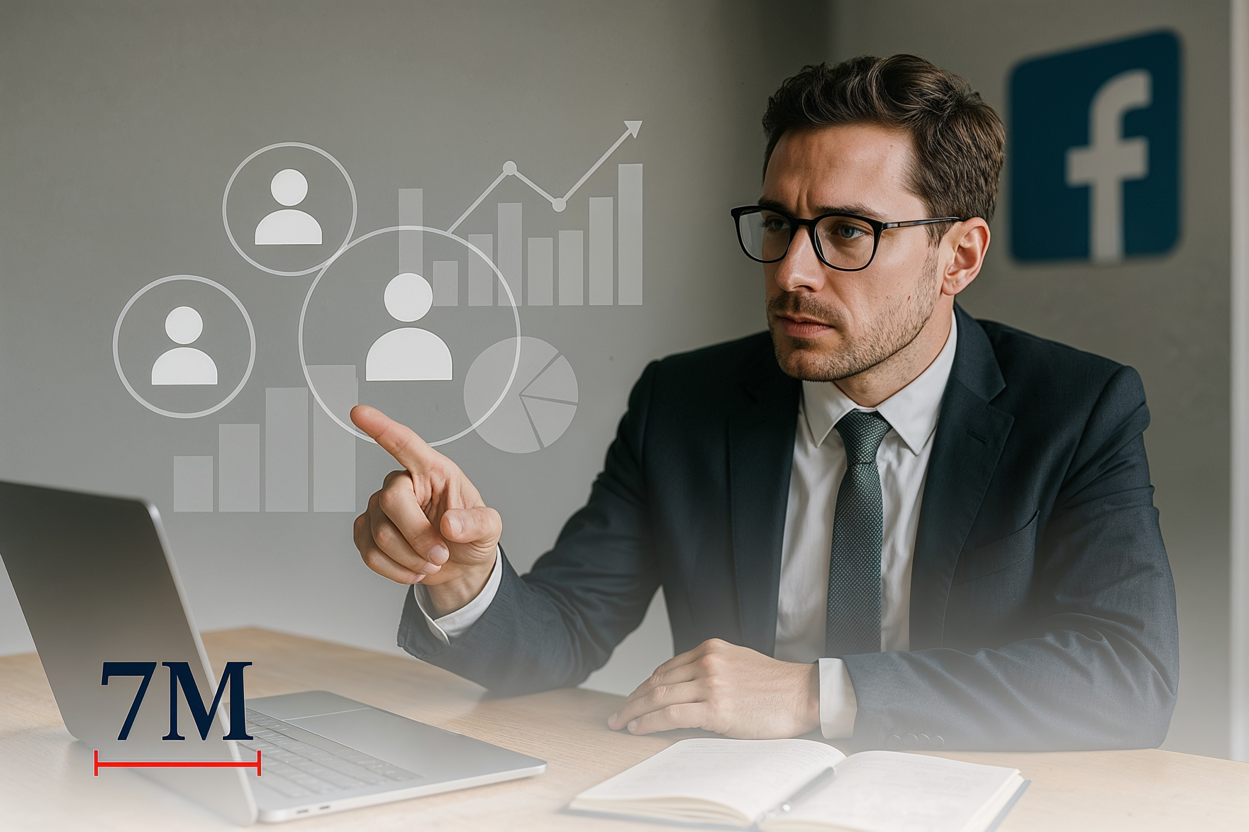 Professional marketer at a creative workspace interacting with digital audience targeting graphics, symbolizing Facebook ad strategy.