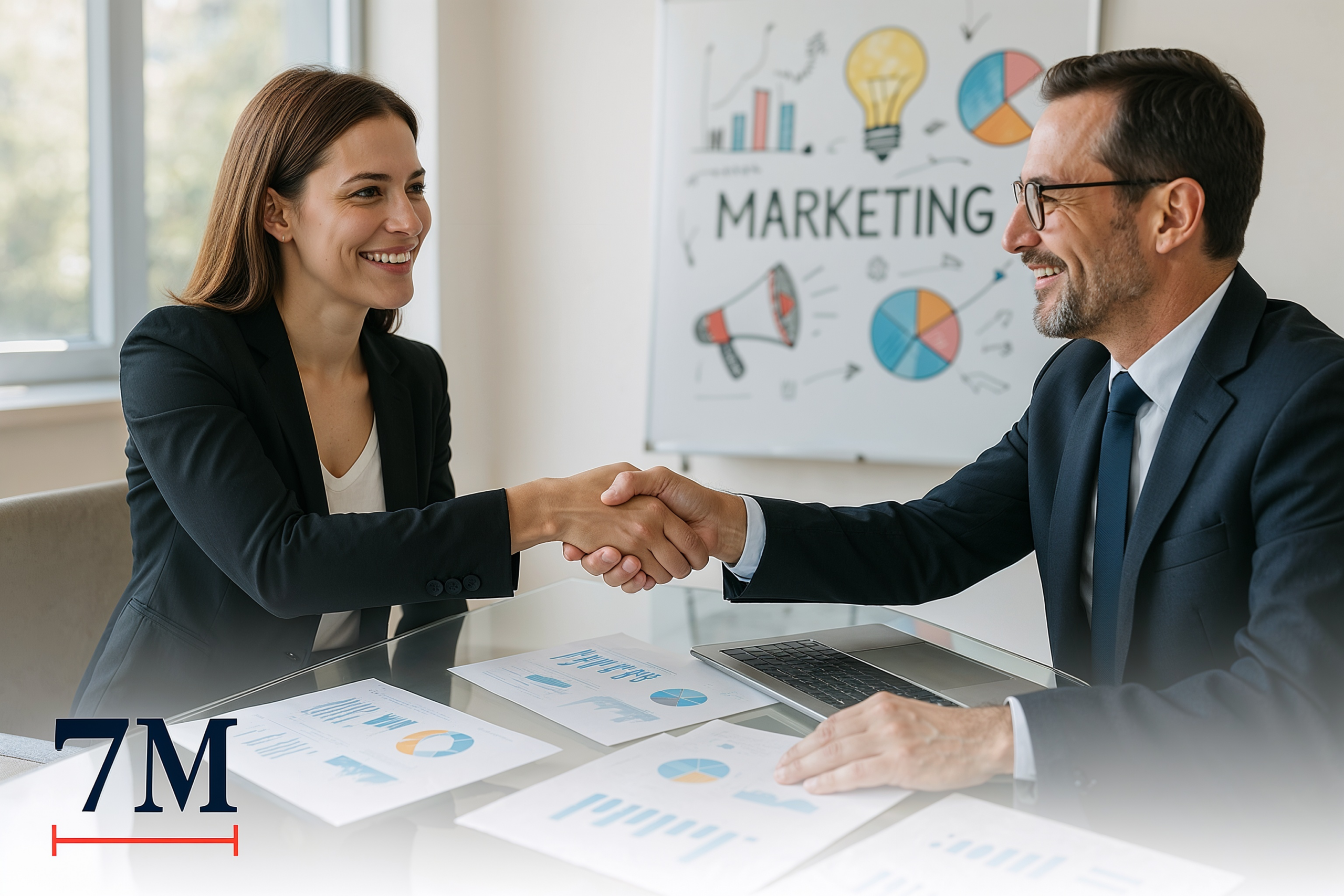 Businesswoman and businessman shaking hands across a table with marketing reports and analytics dashboards, symbolizing successful agency negotiation.