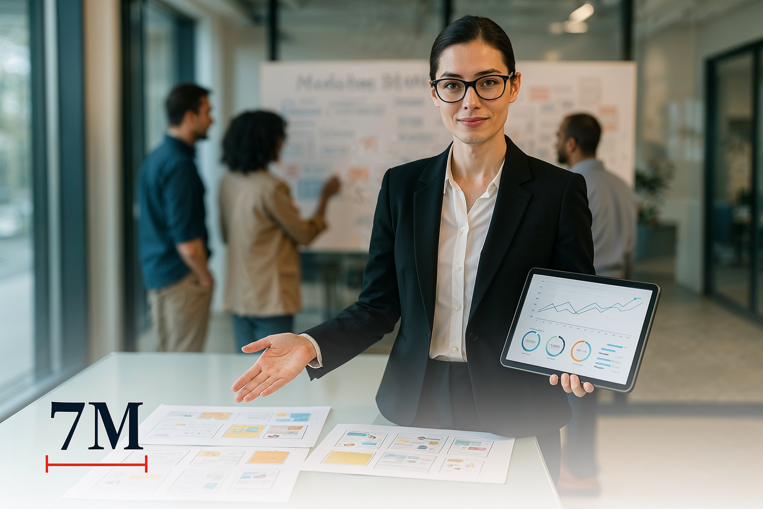 Businesswoman comparing analytics and creative strategy in a modern marketing workspace