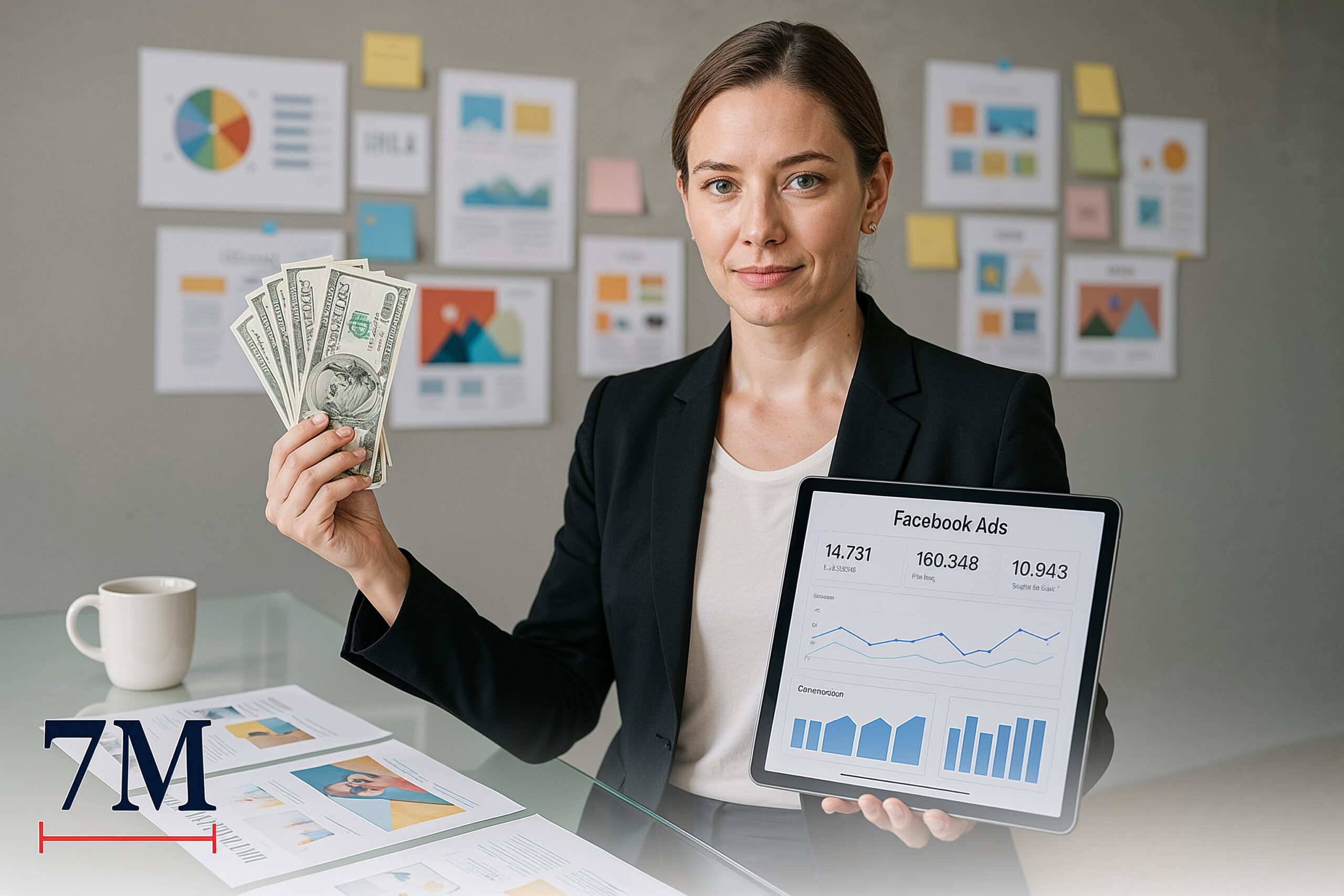 Businesswoman in office holding cash and tablet with Facebook ad metrics, surrounded by marketing reports and creative visuals.