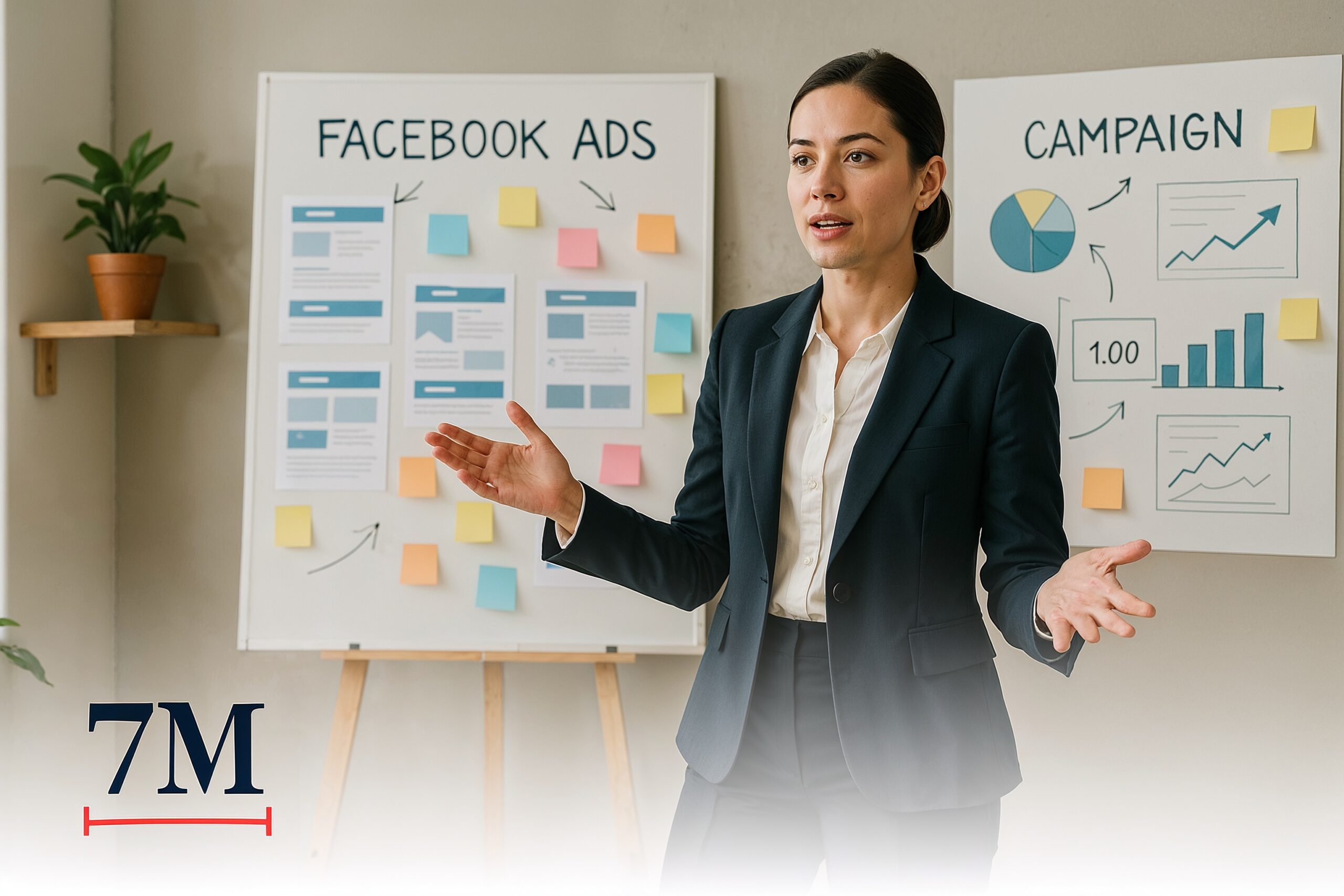 Businesswoman presenting Facebook ad strategy in a creative workspace with campaign materials and analytics