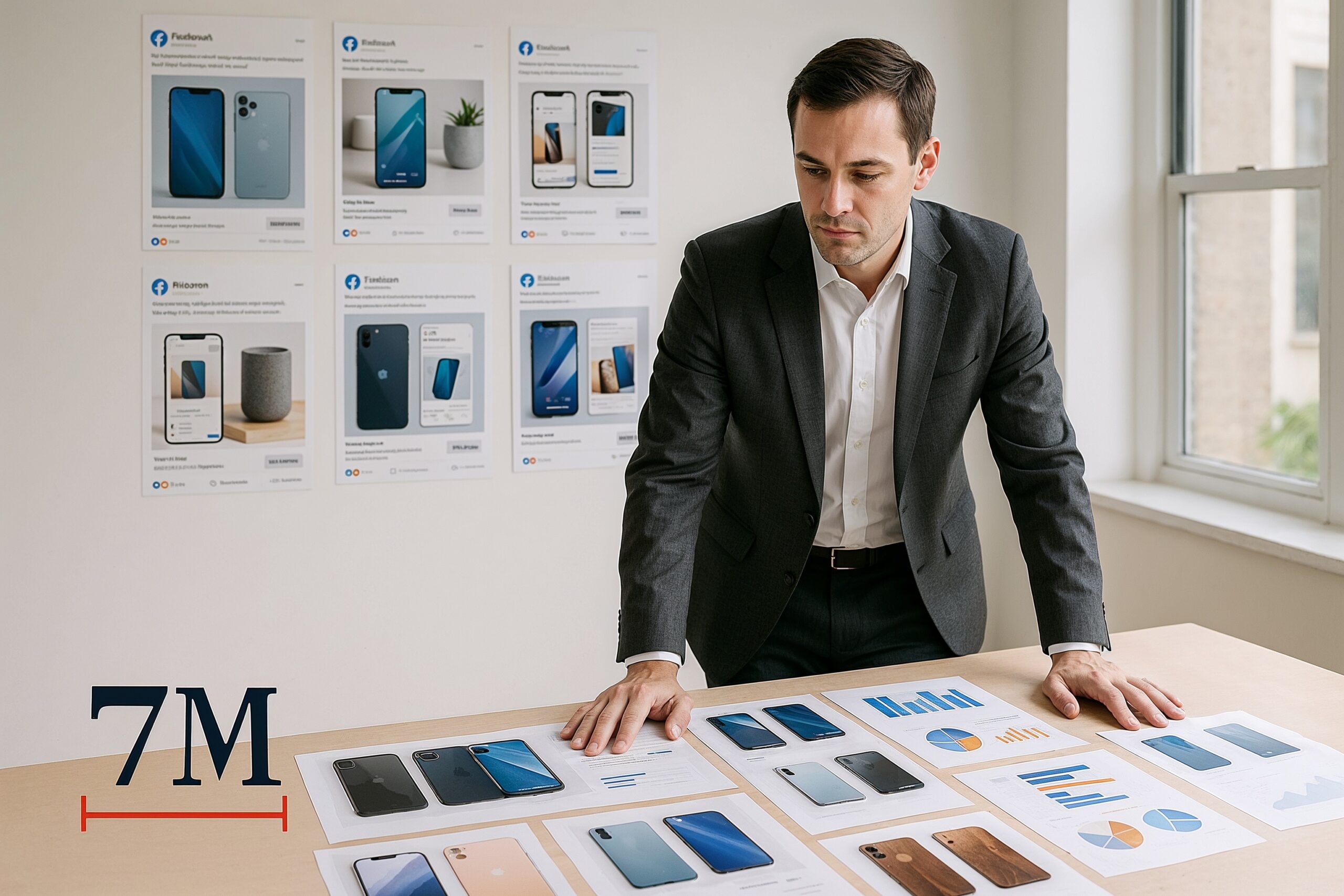 Professional marketer reviewing diverse Facebook ad formats and creative layouts in a modern workspace