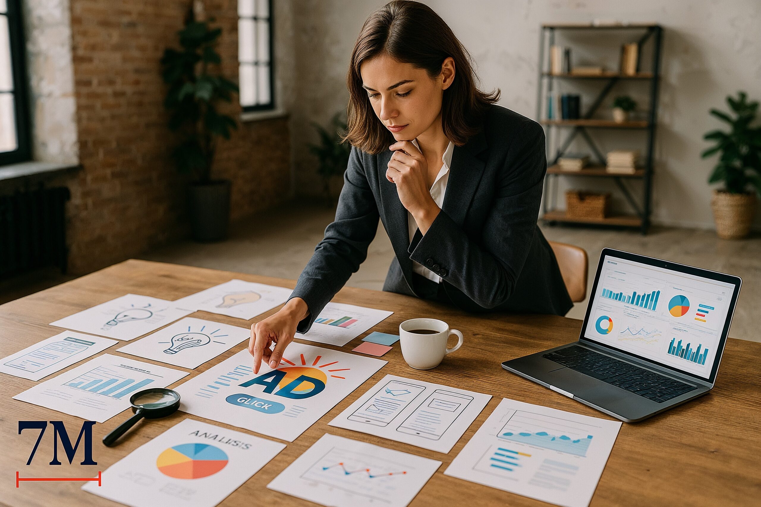 A business professional examining ad concepts in a creative workspace with marketing materials and analytics.