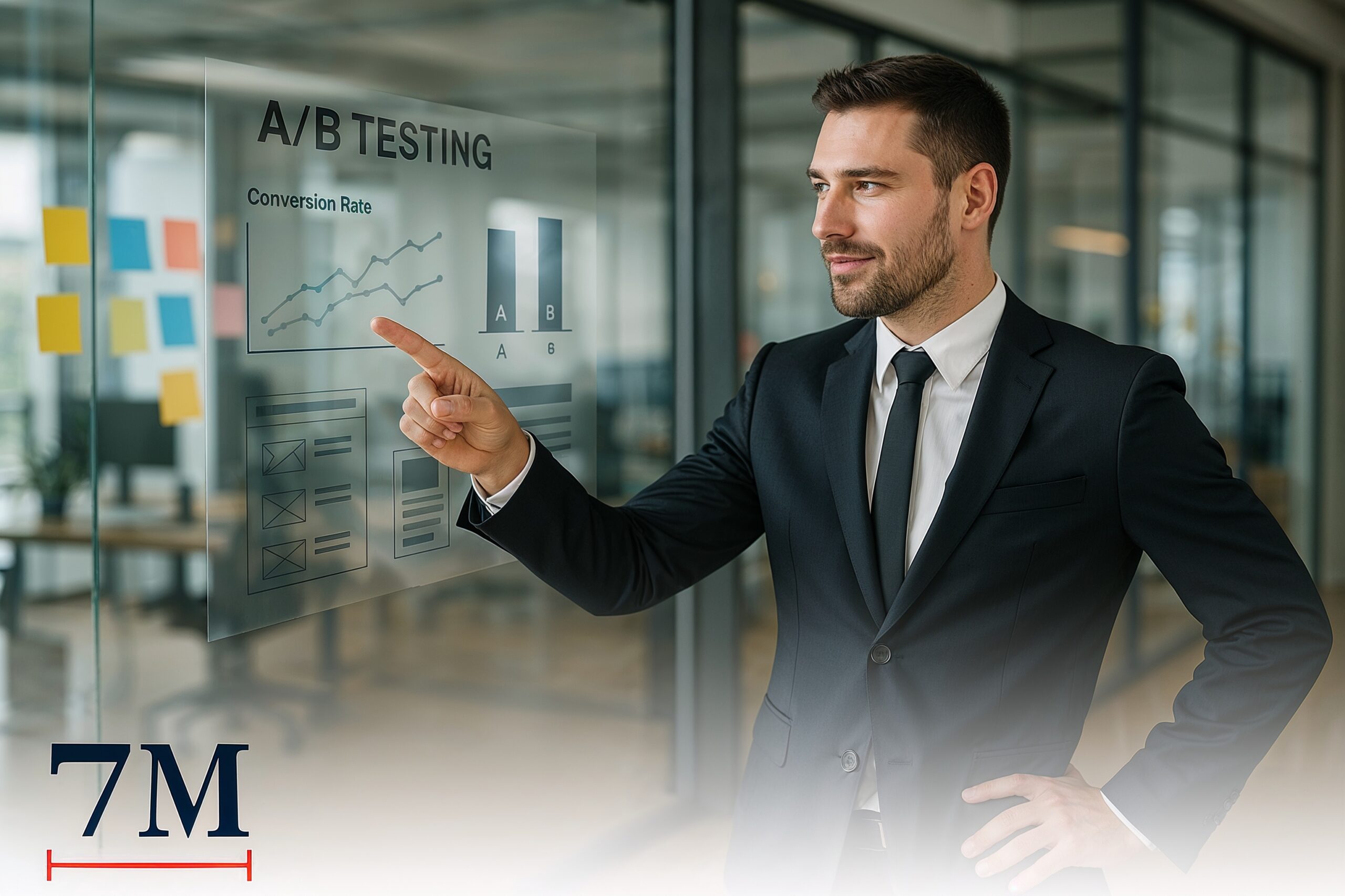 Business professional in modern office pointing to transparent screen with conversion metrics and optimization data