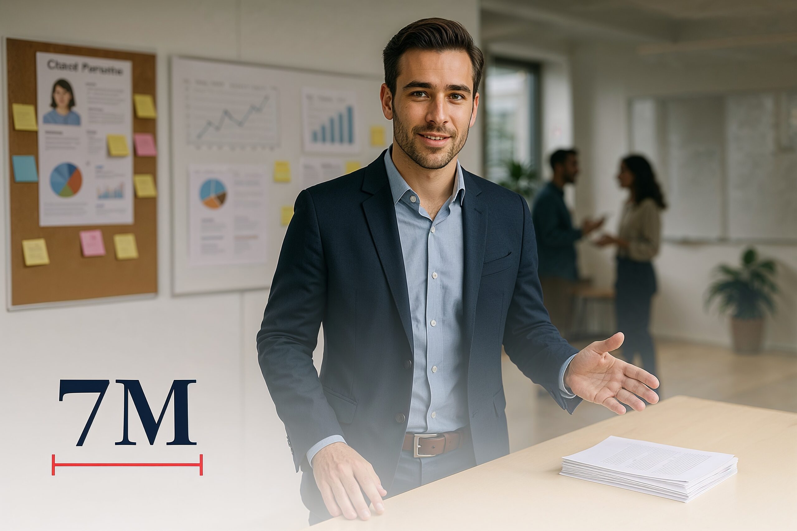 Marketing agency professional strategizing client acquisition in a creative workspace, surrounded by campaign plans and data charts.