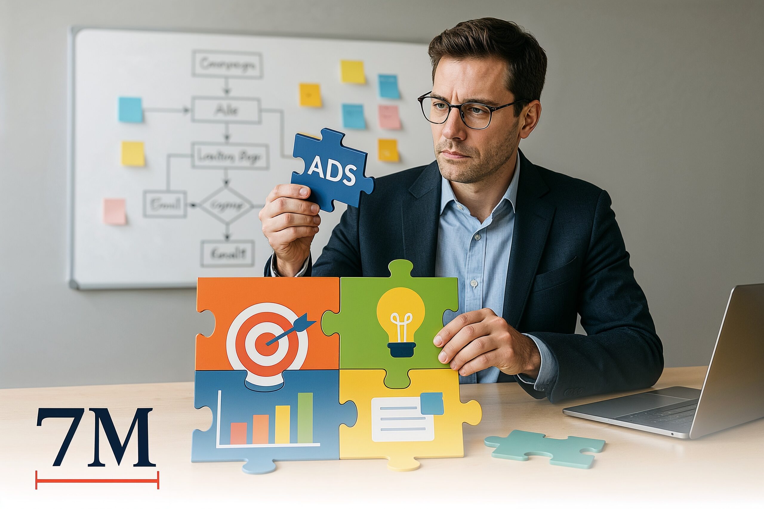 Business professional assembling a marketing strategy puzzle, surrounded by campaign diagrams and creative elements in an energetic workspace