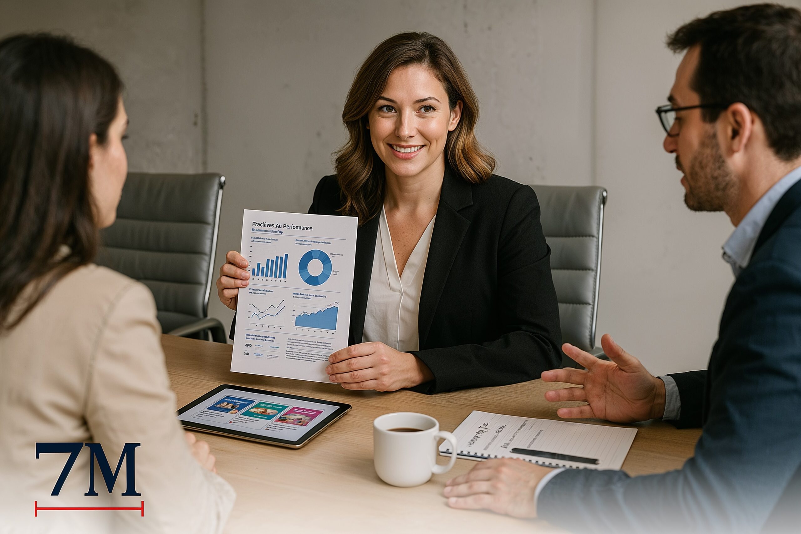Business professionals reviewing Facebook ad strategies at a modern meeting table, with printouts, tablets, and campaign notes visible.