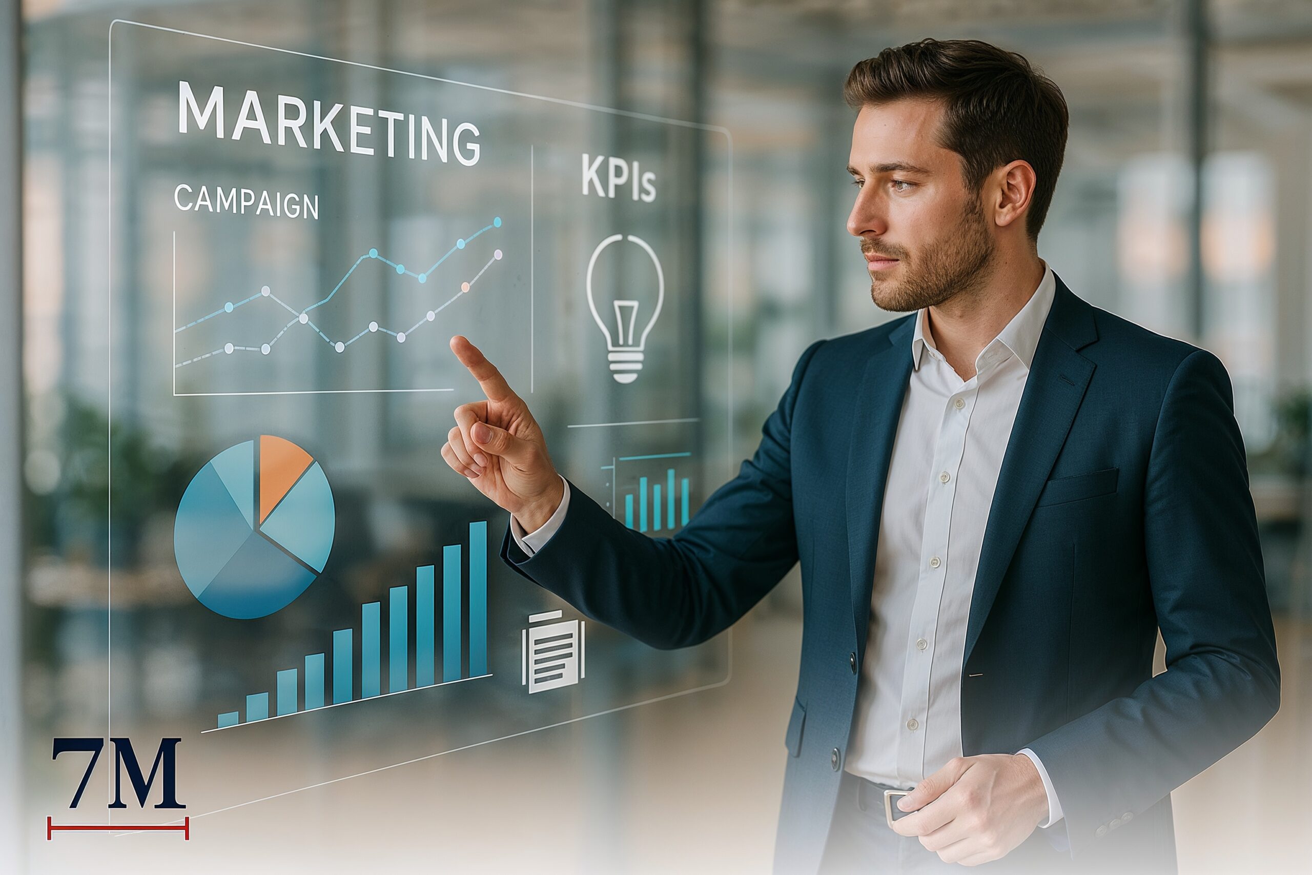 Business professional presenting data-driven marketing strategies on a digital display in a modern office setting