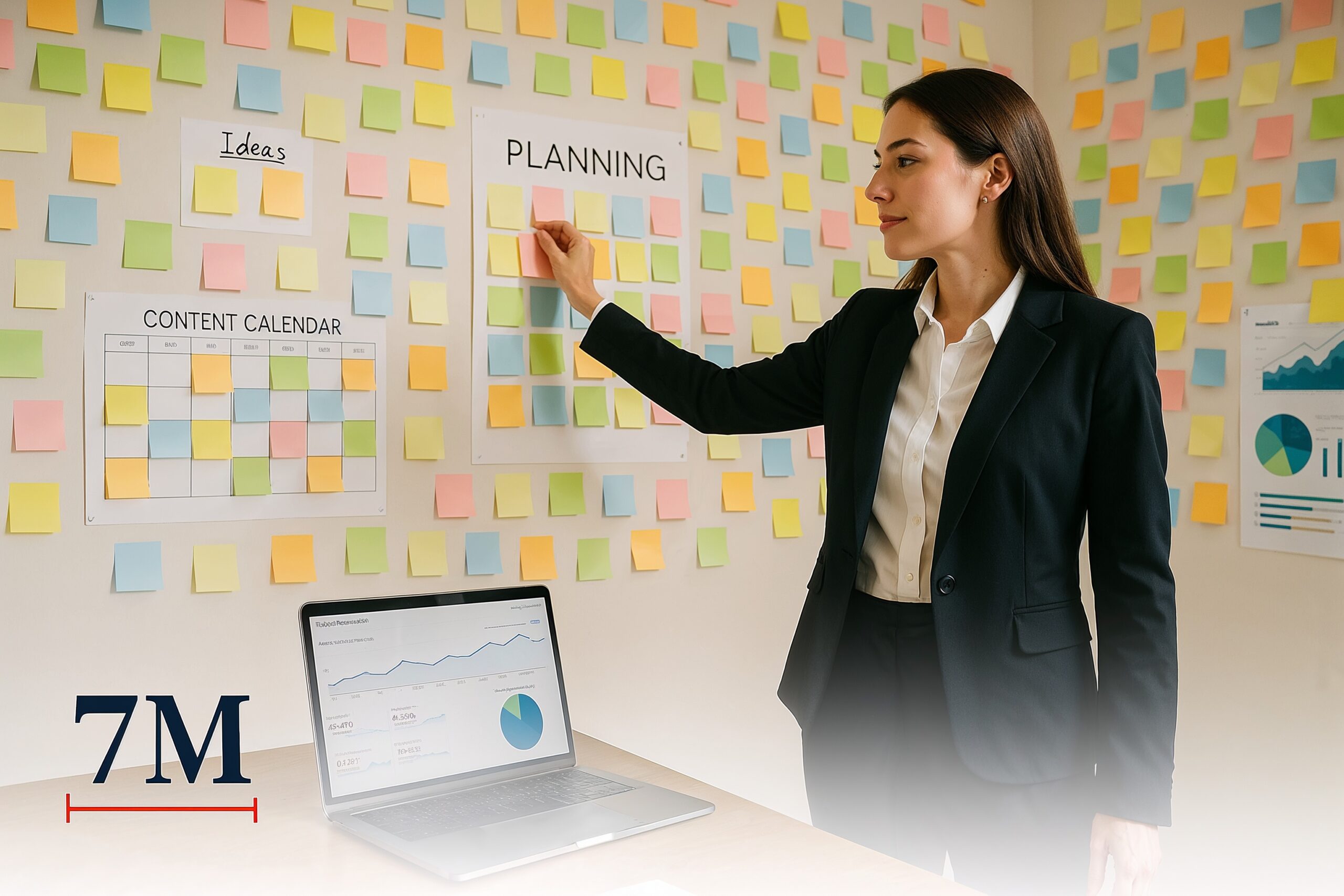 Businesswoman planning a data-driven content marketing strategy using content calendars and analytics boards in a modern workspace.