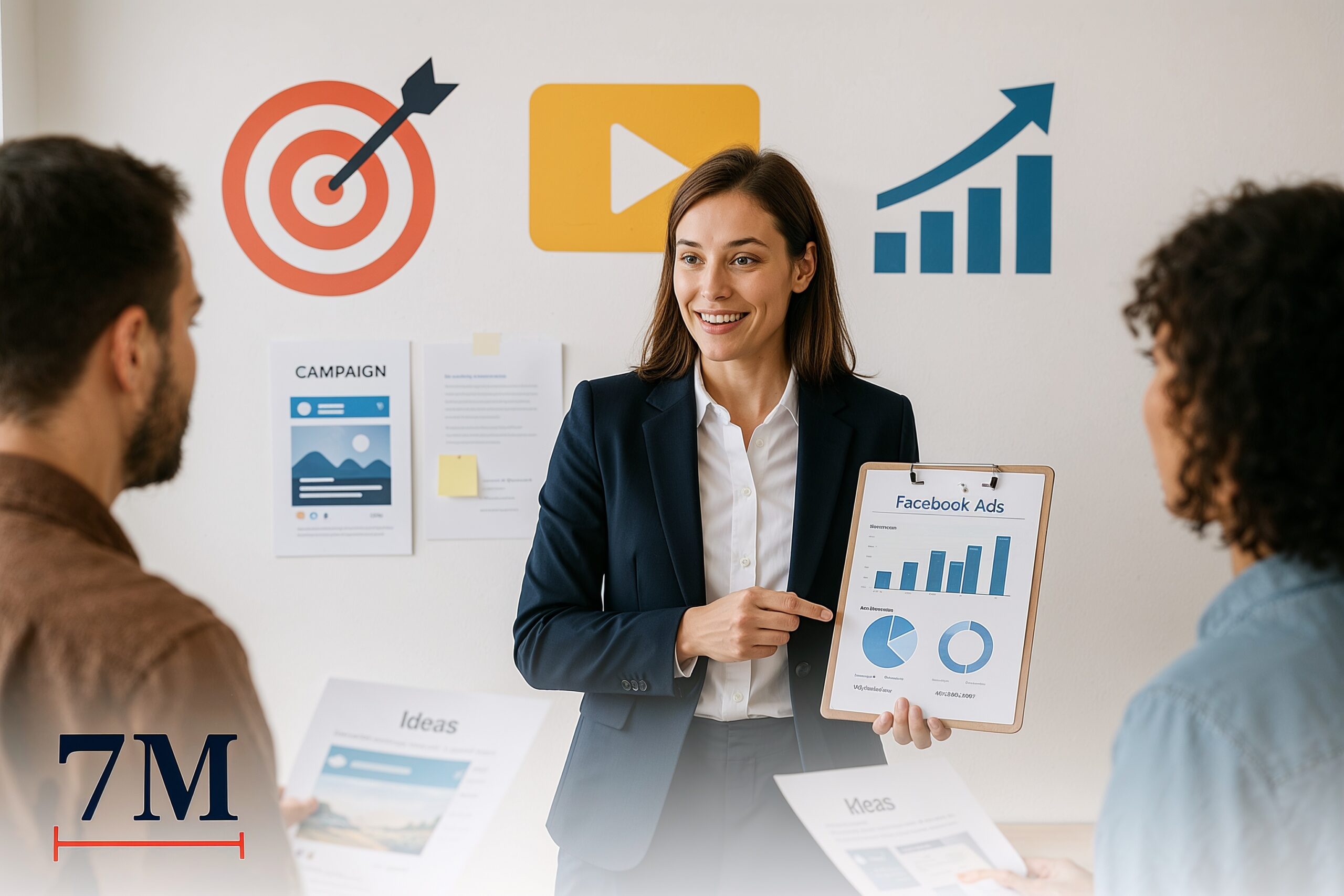 A confident digital marketer with Facebook ad data in hand, discussing campaign strategy with a team in a creative marketing workspace.