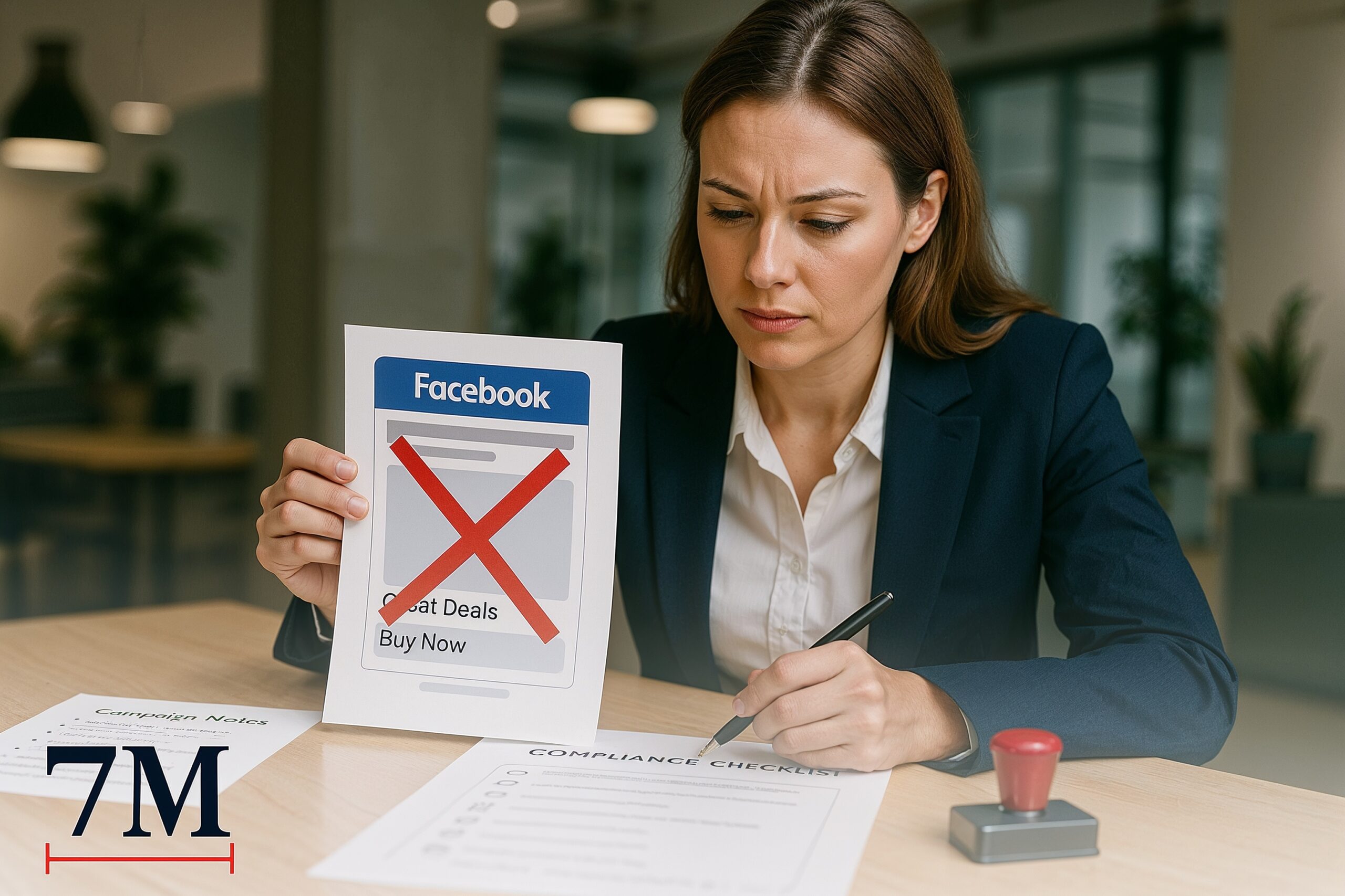 Professional digital marketer reviewing Facebook ad copy for compliance, marking forbidden words with a red X, surrounded by campaign notes and checklists in a creative office.