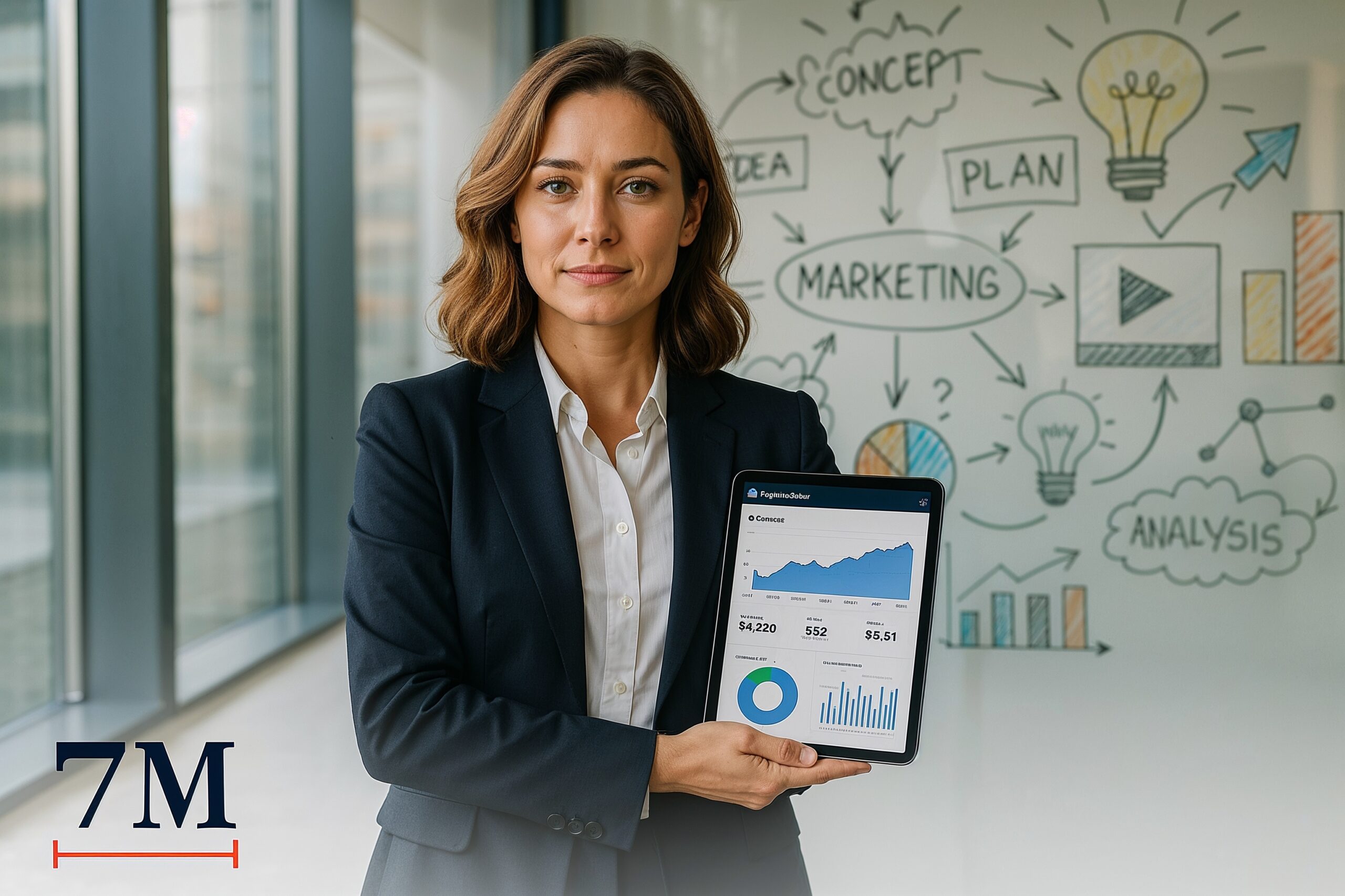Businesswoman in office analyzing Facebook Ads dashboard, making data-driven marketing decisions.