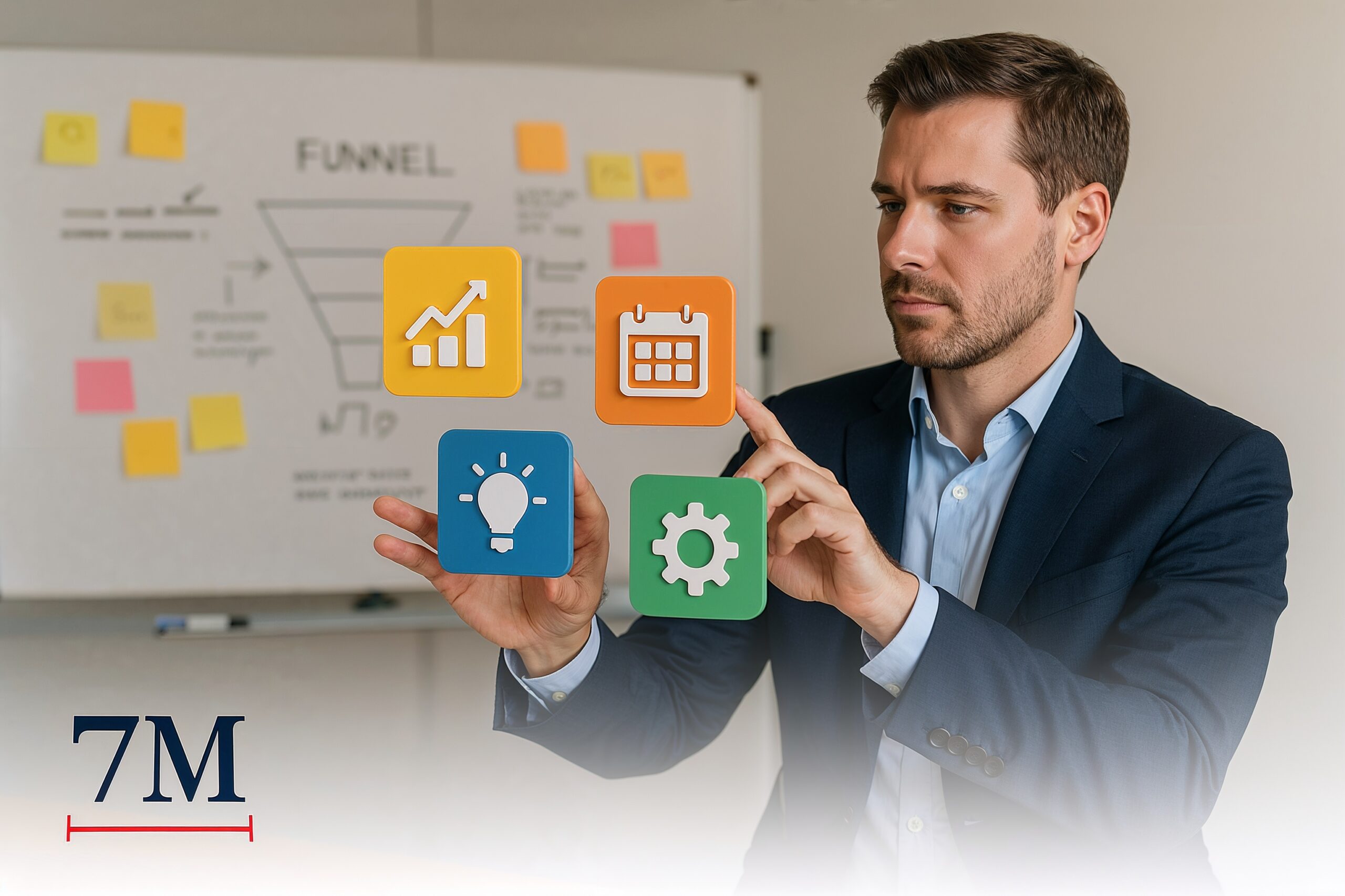 Business professional in office assembling a toolkit of marketing and creative icons, representing Facebook ad agency tools, in a collaborative workspace.