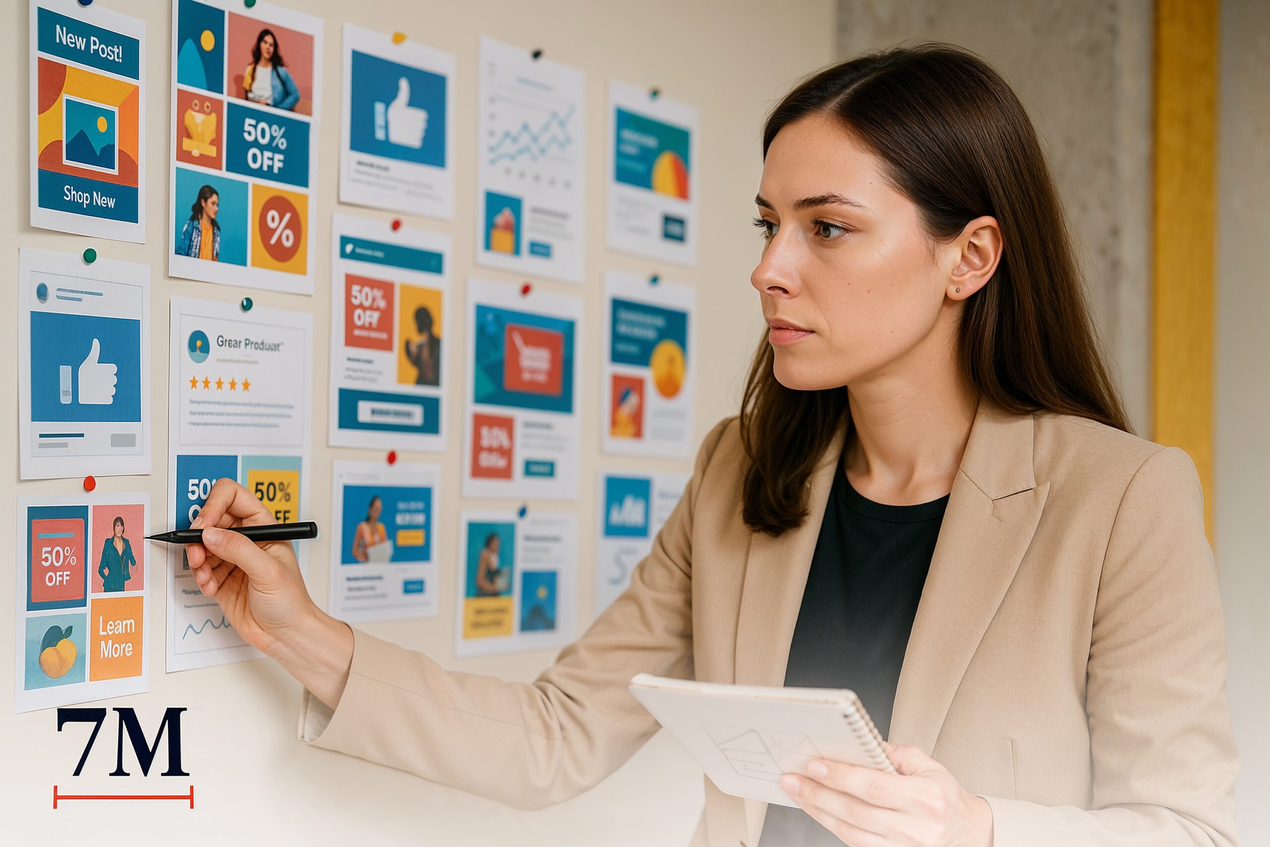 Businesswoman in modern workspace reviewing creative Facebook ad concepts, surrounded by ad mockups and marketing visuals.
