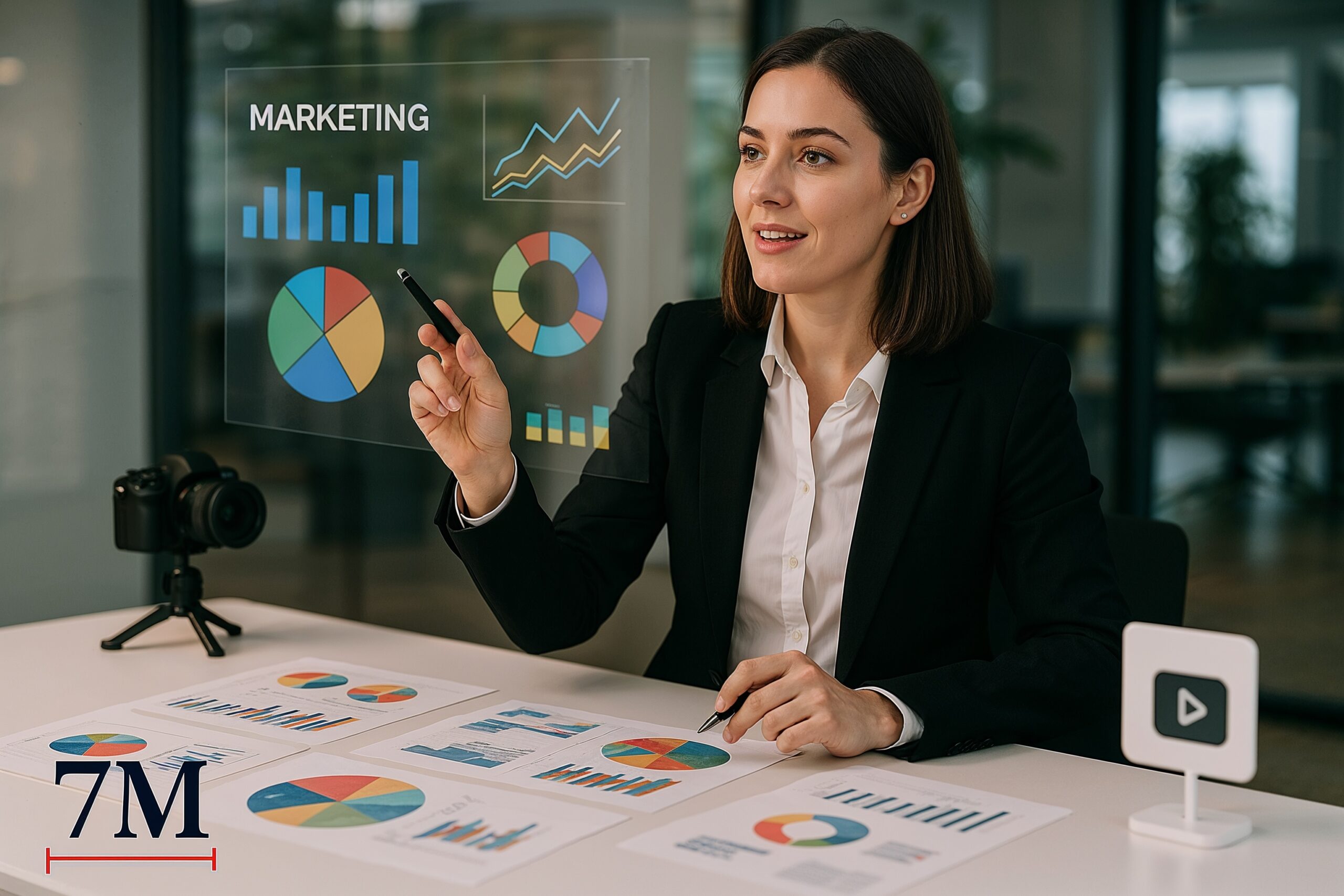 Businesswoman presenting marketing analytics and budget data in a modern workspace with digital dashboards and marketing tools.