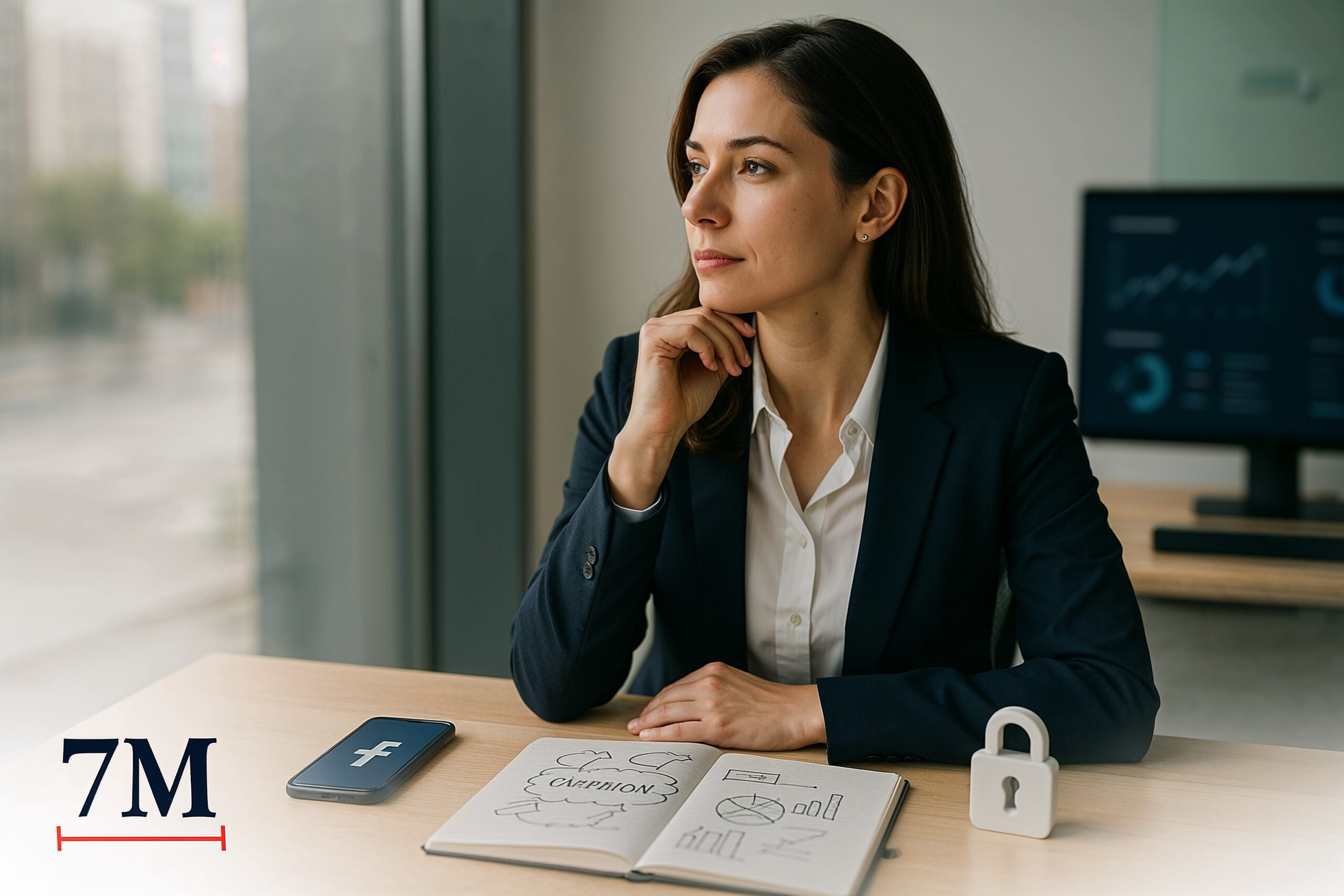 Business professional woman at desk with Facebook on smartphone, campaign planning materials, and a symbolic privacy lock, illustrating the intersection of social media, privacy, and surveillance.