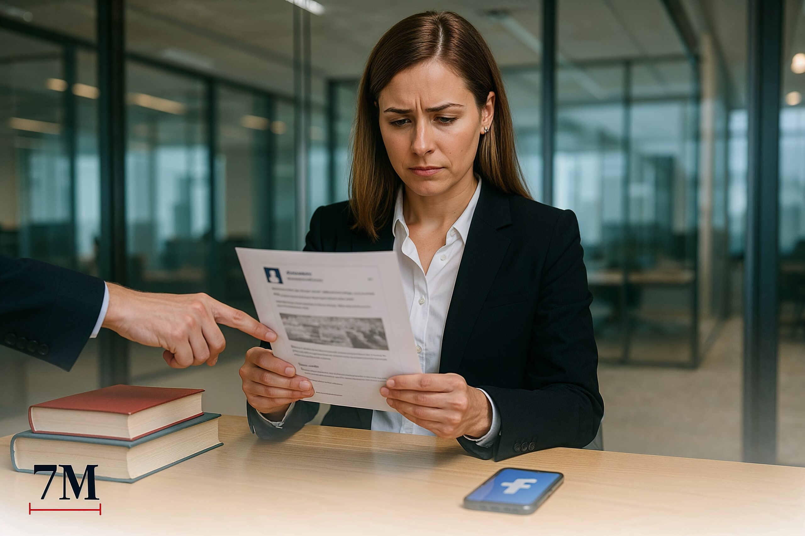 Business professionals reviewing a Facebook post for legal compliance in a modern office setting