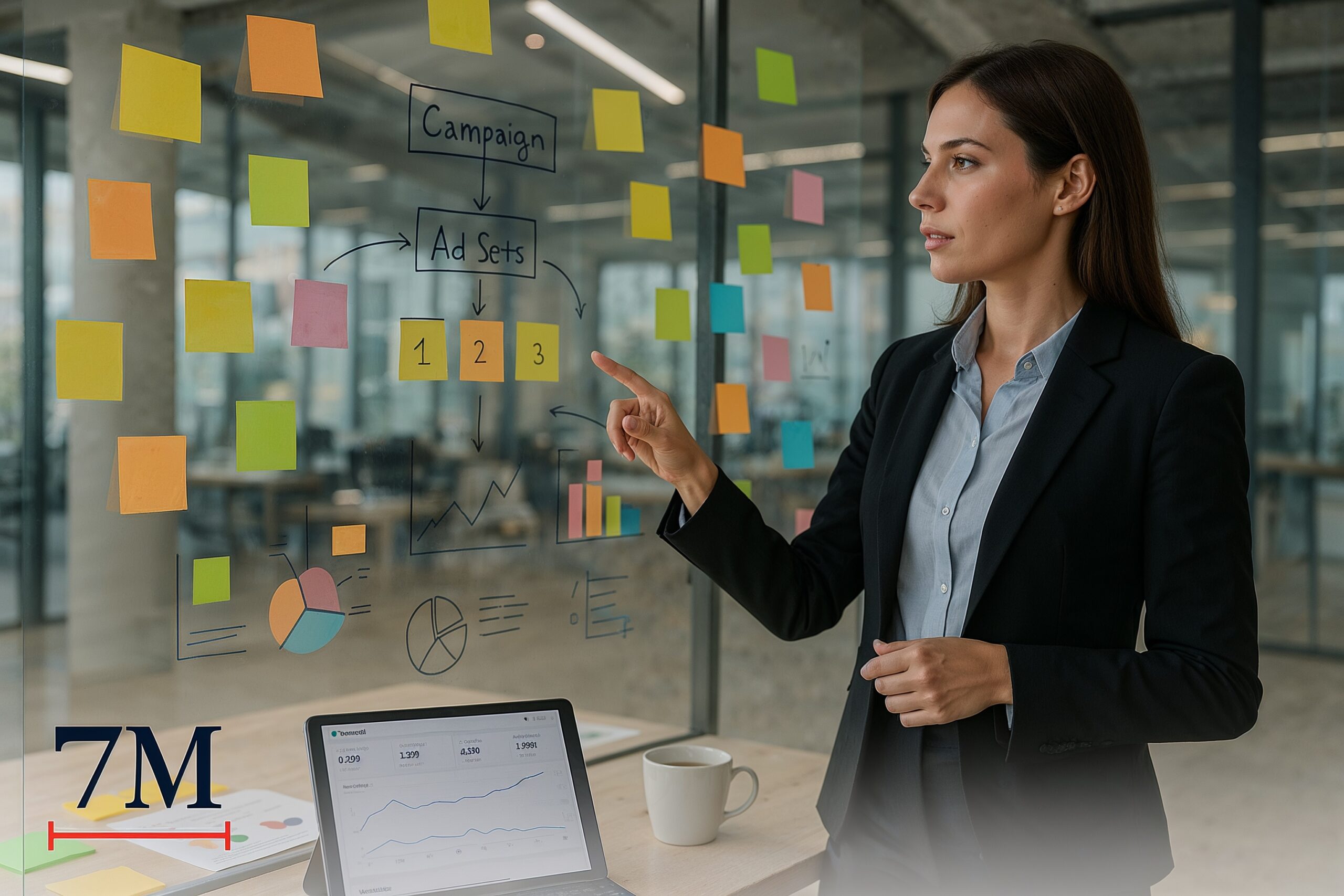 Businesswoman in modern office planning Facebook ad campaigns with sticky notes and flowcharts, symbolizing ad set strategy.