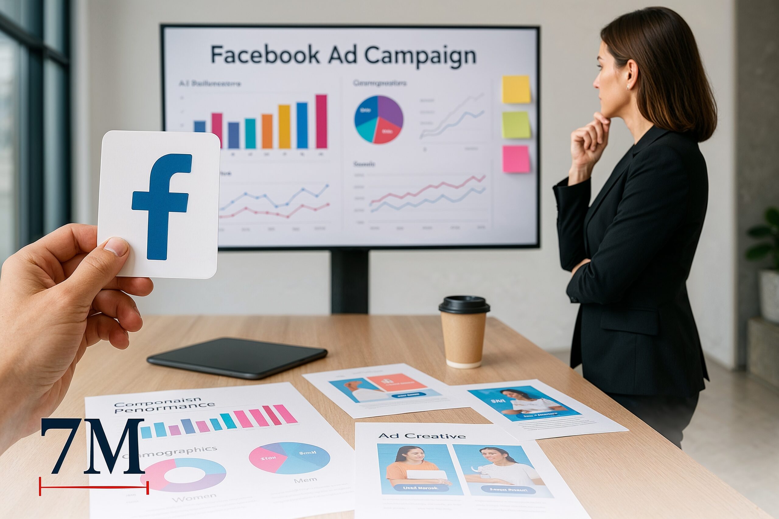 Marketing strategist examining Facebook ads data on a digital whiteboard, surrounded by campaign charts and creative assets, representing data-driven ad optimization.
