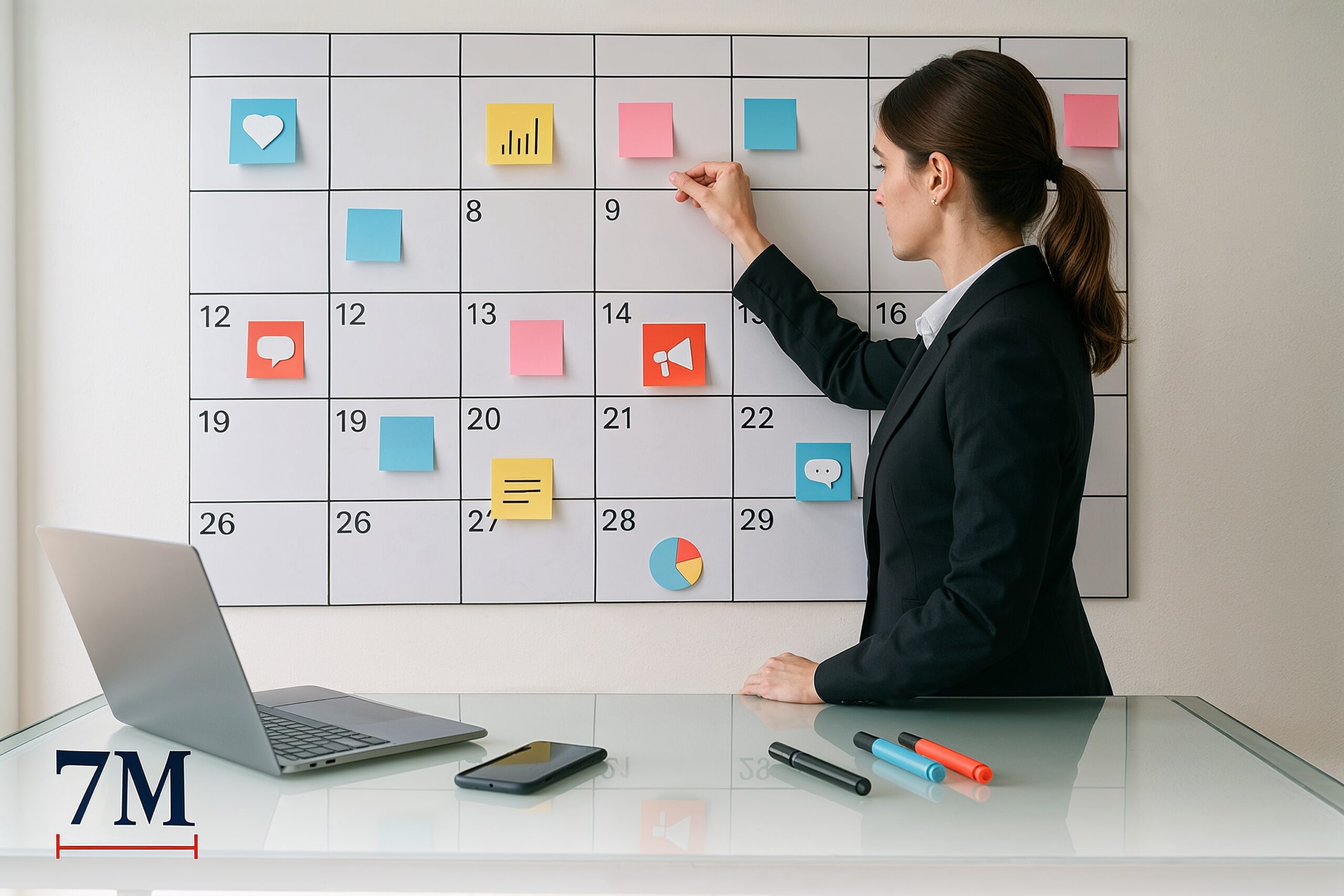 Business professional building a large, visual wall content calendar at a modern workspace, symbolizing organized marketing planning