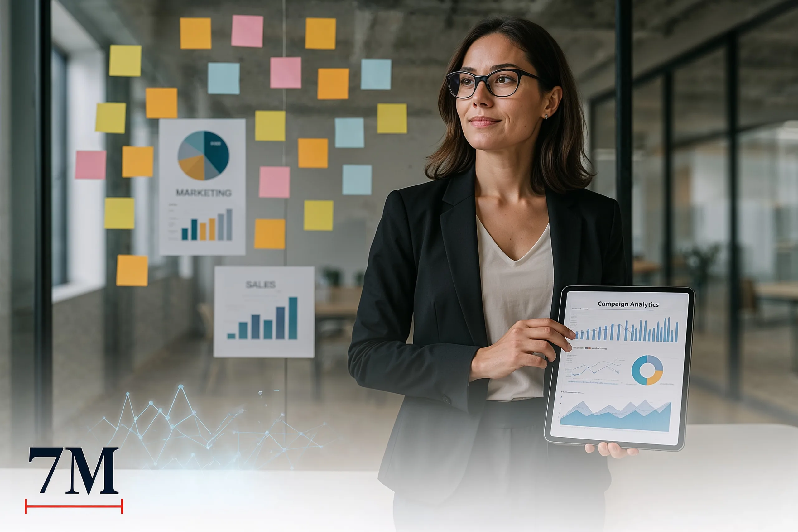 Businesswoman analyzing data-driven marketing strategies with charts and analytics in a modern office environment