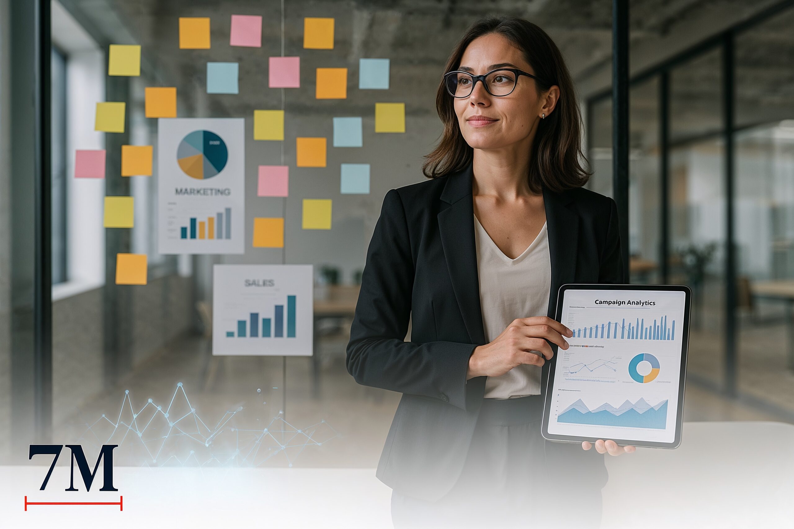 Businesswoman analyzing data-driven marketing strategies with charts and analytics in a modern office environment