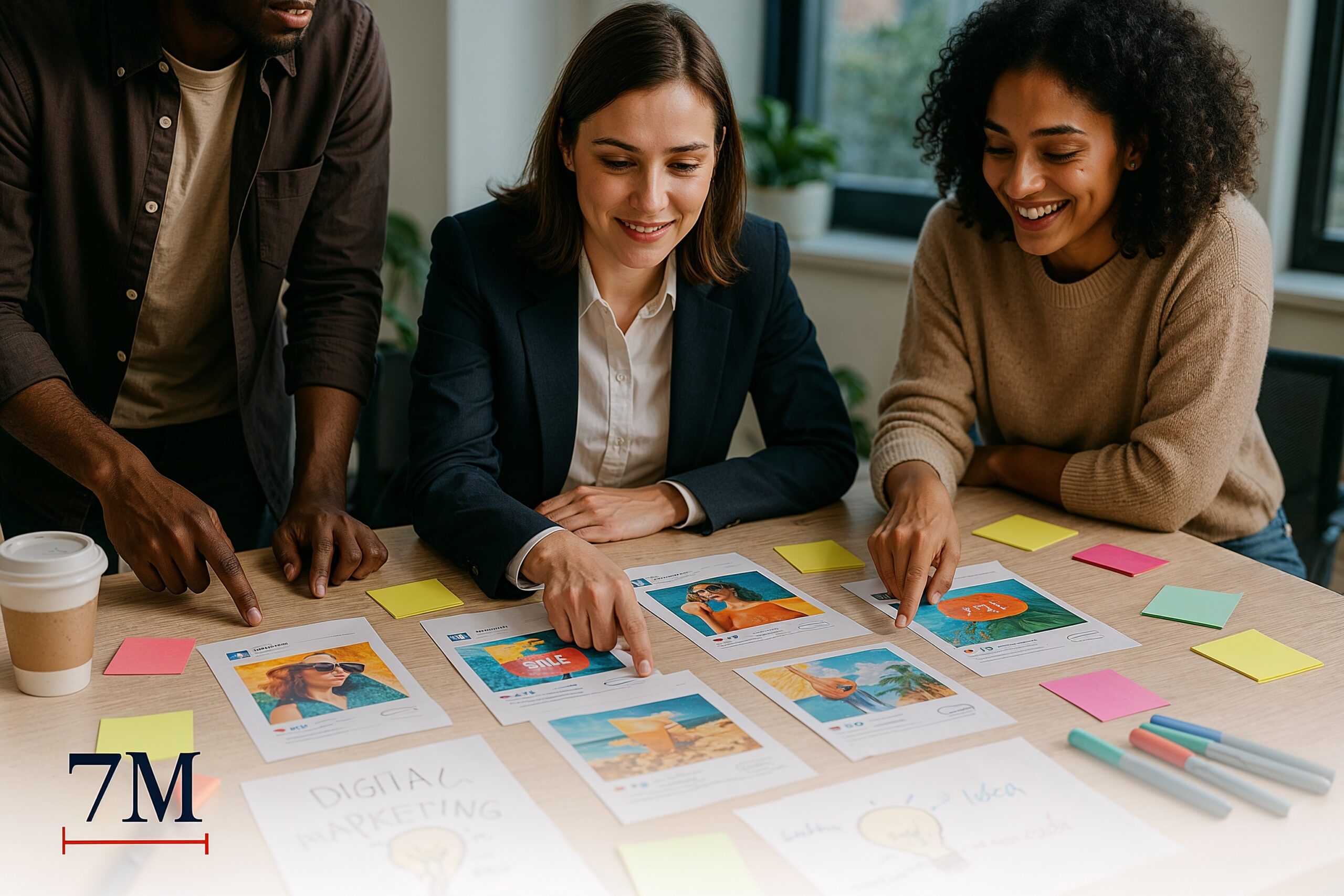 A creative team, led by a professional woman in business attire, collaboratively reviewing and discussing Facebook ad creative mockups and marketing visuals at a modern workspace.