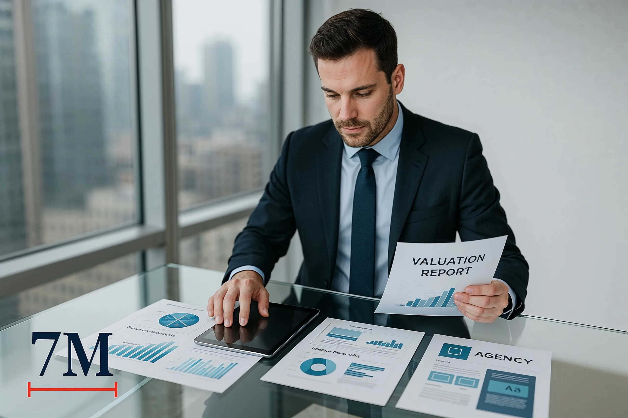 Business professional analyzing marketing agency valuation documents and reports in a modern office.