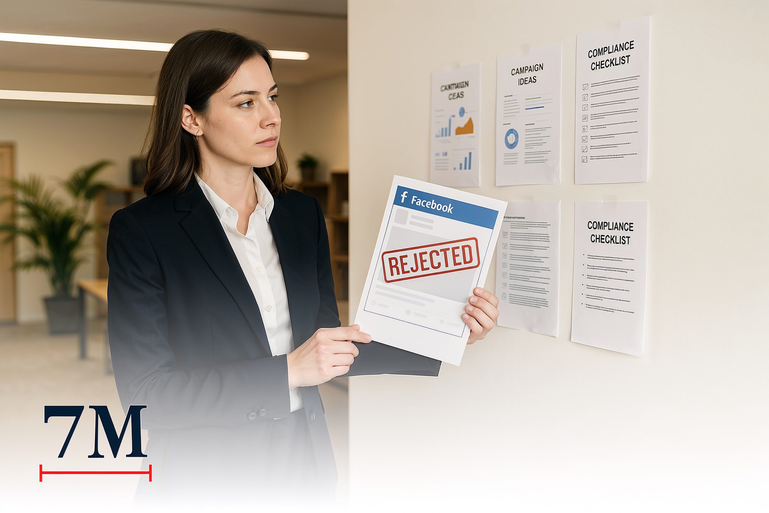 Businesswoman analyzing a rejected Facebook ad mockup in a creative office, planning improvements for campaign compliance.