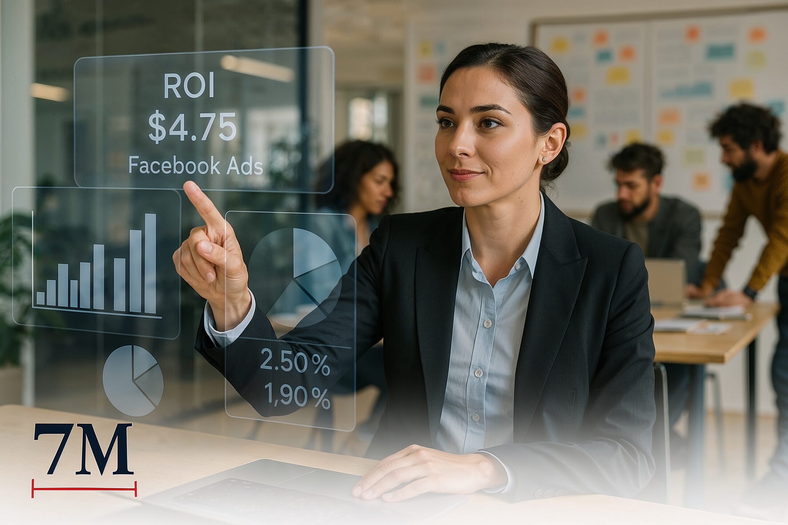 Businesswoman in professional attire reviewing Facebook advertising ROI data with a marketing team in a modern office.