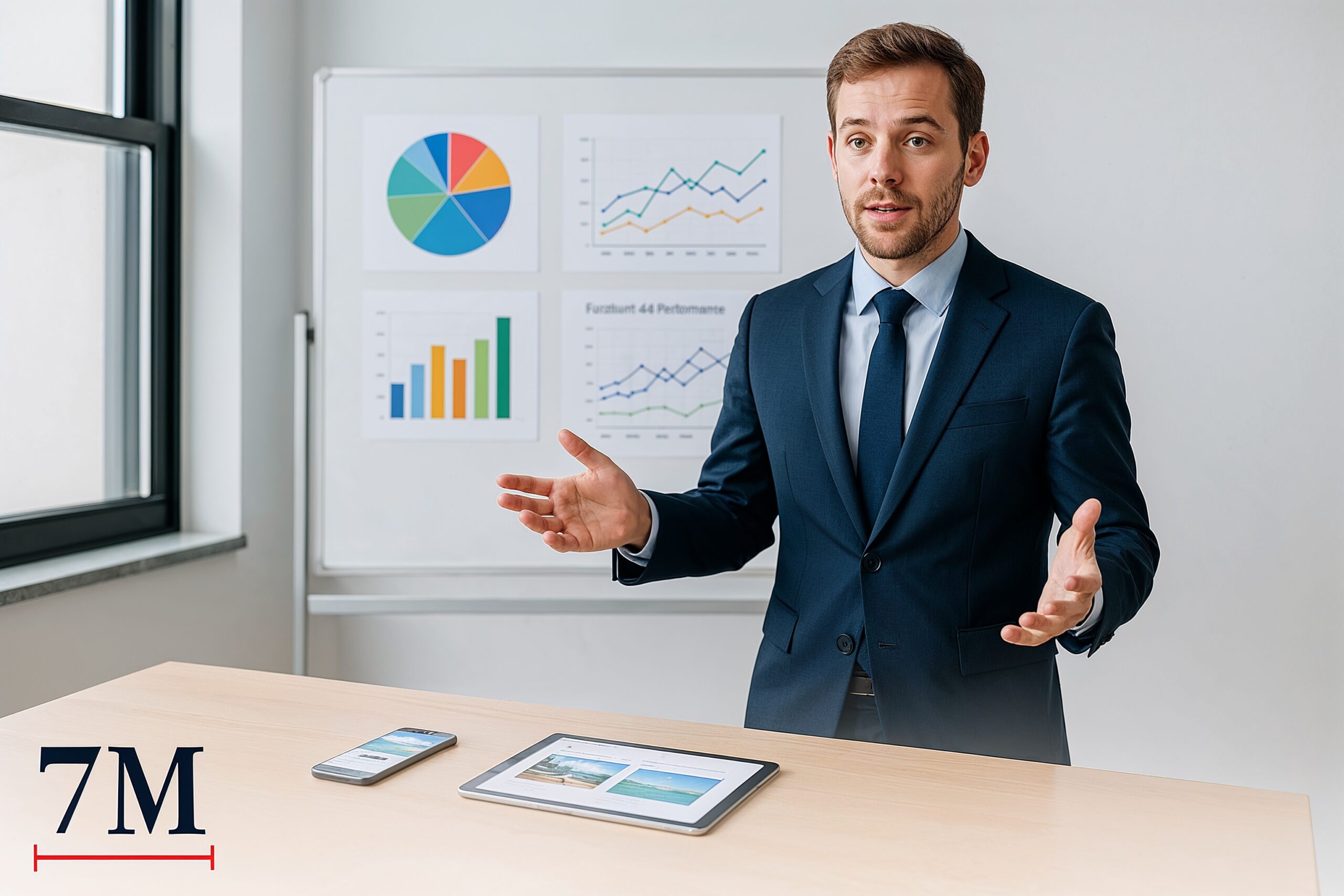 Business professional analyzing Facebook ad campaign results on a whiteboard with digital devices displaying ad creatives, in a modern office environment.