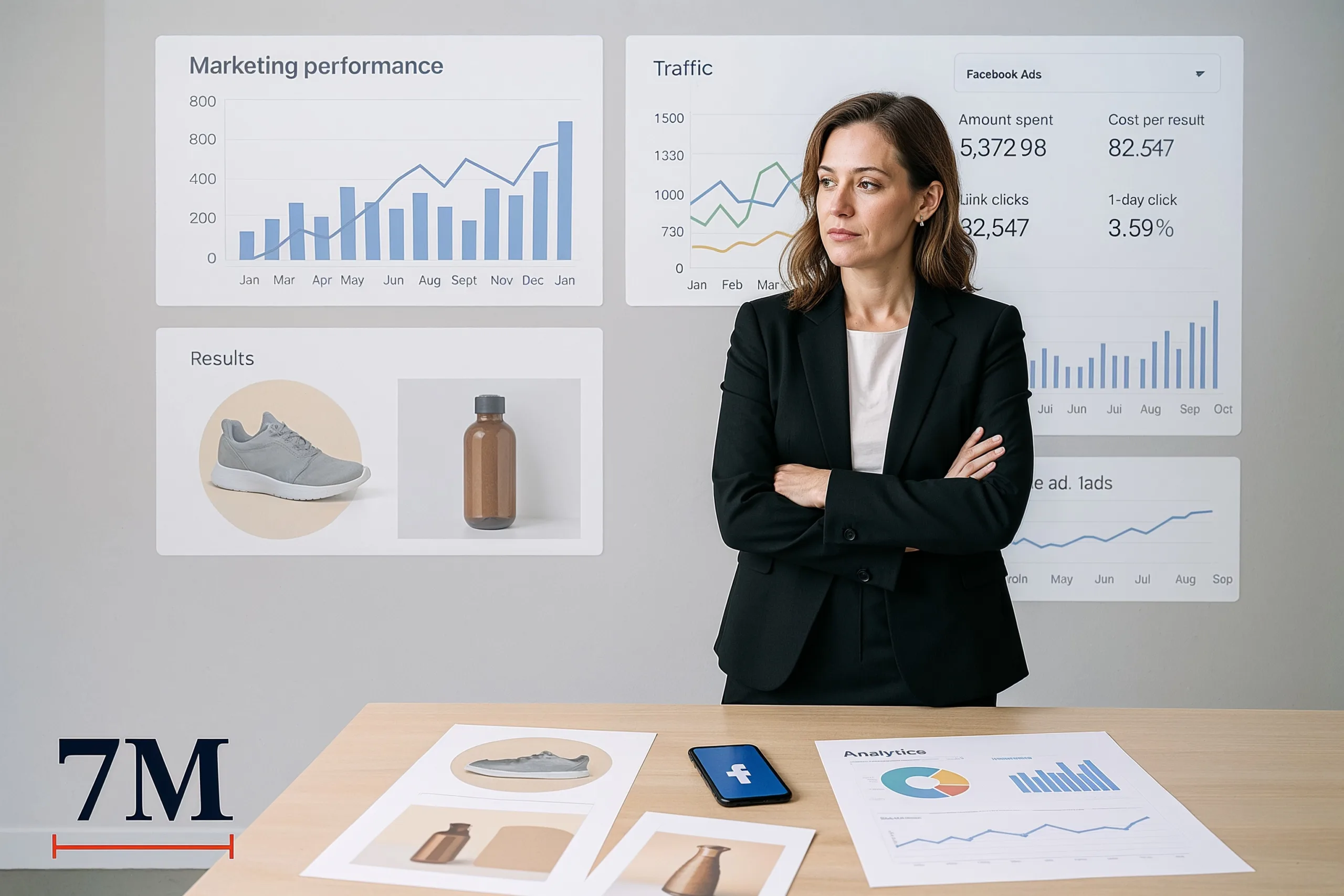 Professional woman analyzing Facebook ad campaign data with marketing charts and creative props in a modern office.