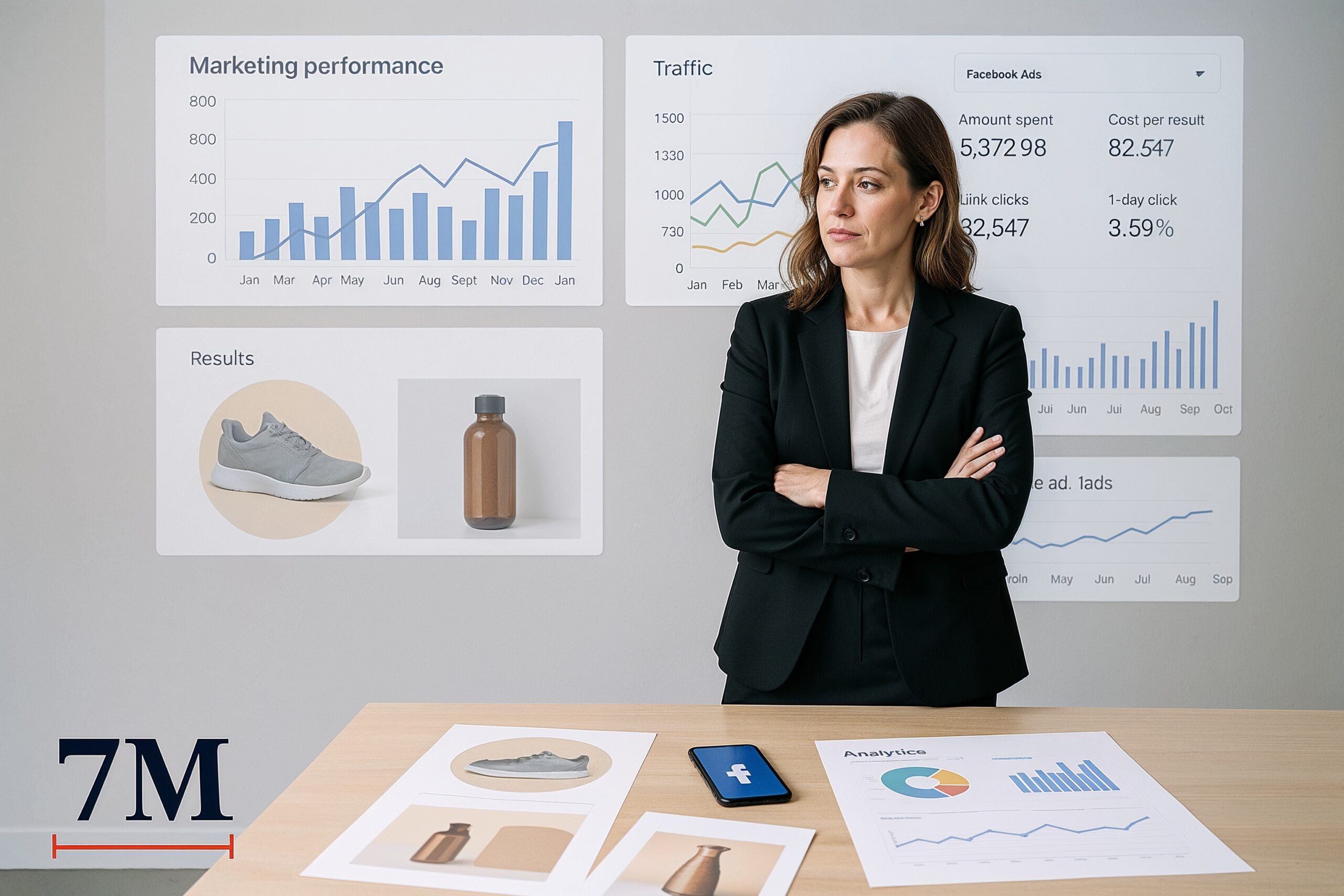 Professional woman analyzing Facebook ad campaign data with marketing charts and creative props in a modern office.