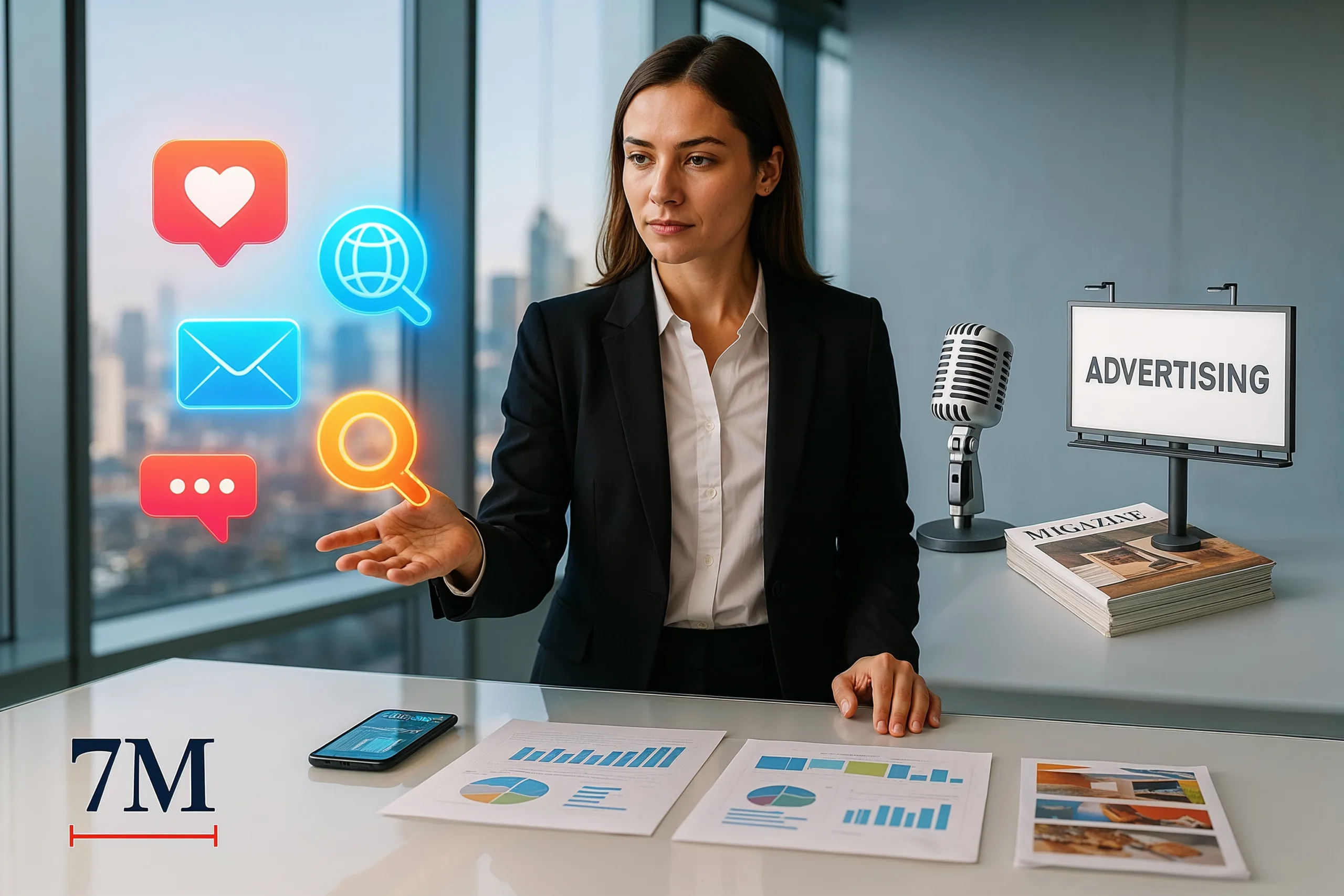 Businesswoman comparing digital and traditional marketing strategies in a creative workspace with analytics and print materials.