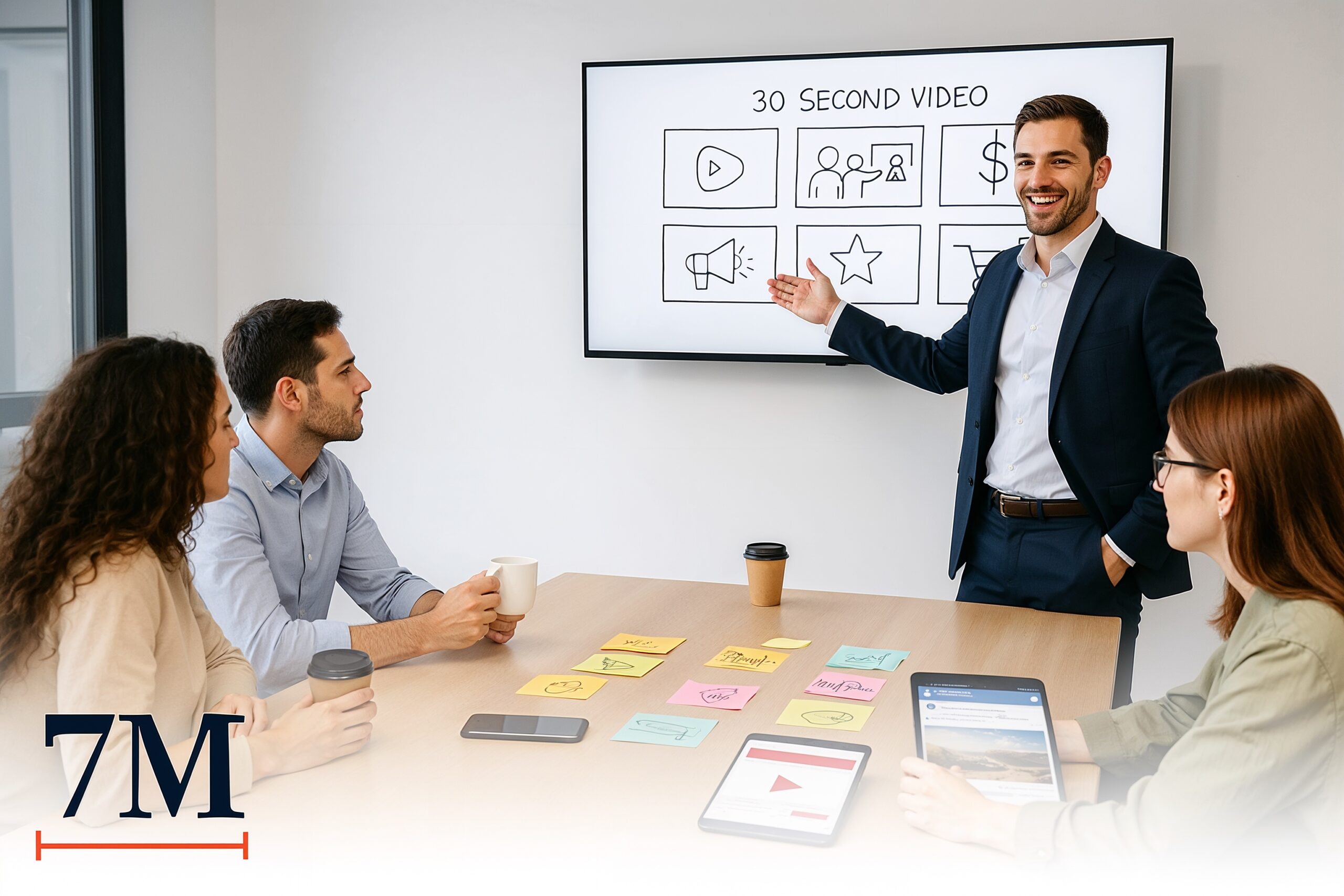 A business professional presents a 30-second video ad storyboard to a team in a creative marketing office setting.
