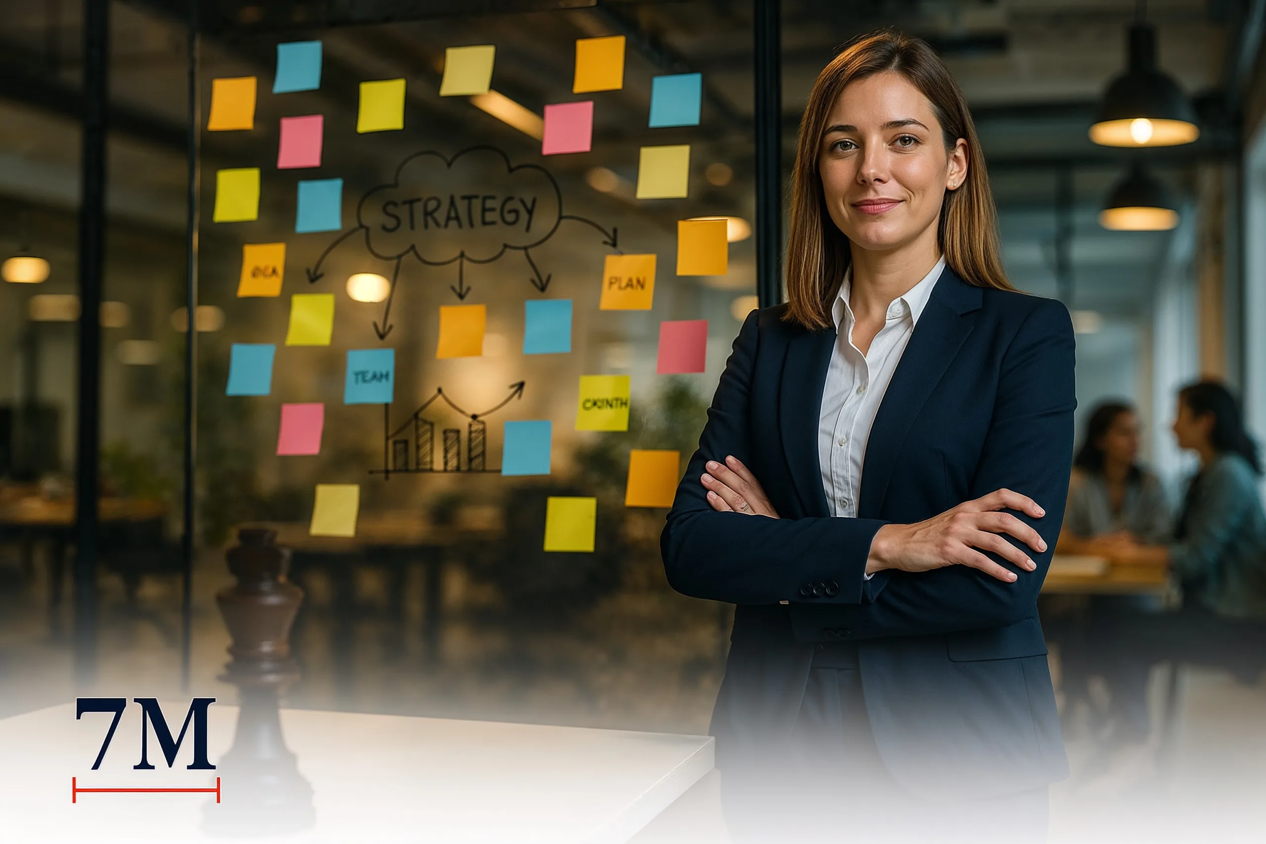 Professional businesswoman in a marketing agency workspace, strategizing with creative elements and team in background