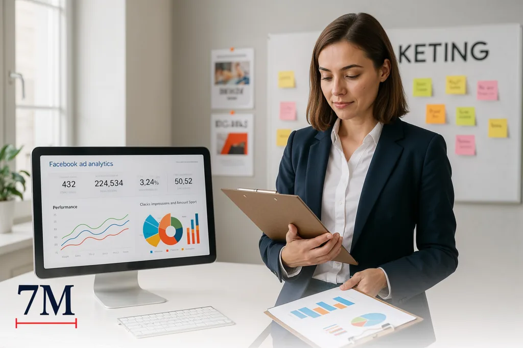 Professional woman analyzing Facebook ad performance data in a modern marketing office with campaign charts and creative assets.