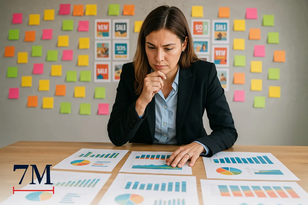 Businesswoman in professional attire analyzing Facebook ad performance charts and creative mockups in a vibrant office environment.