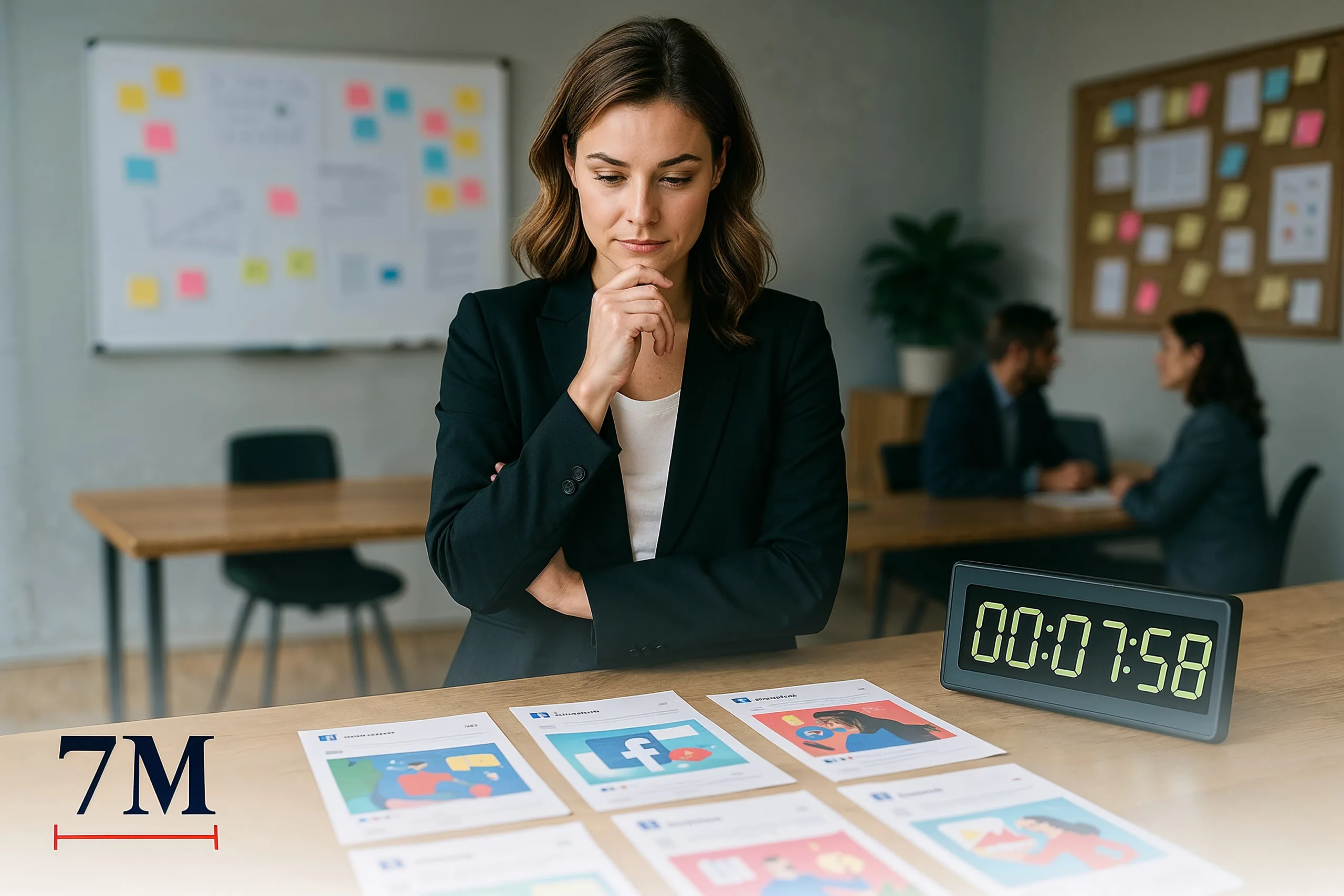 Businesswoman analyzing Facebook ad mockups and a digital timer in a modern workspace, representing Facebook ad campaign launch and results timeline.