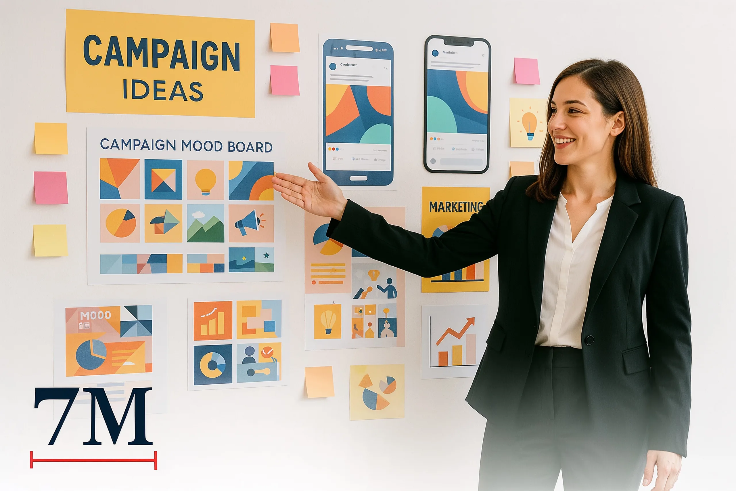 Businesswoman in a creative workspace planning Facebook ad campaigns with visual boards and digital devices at hand.