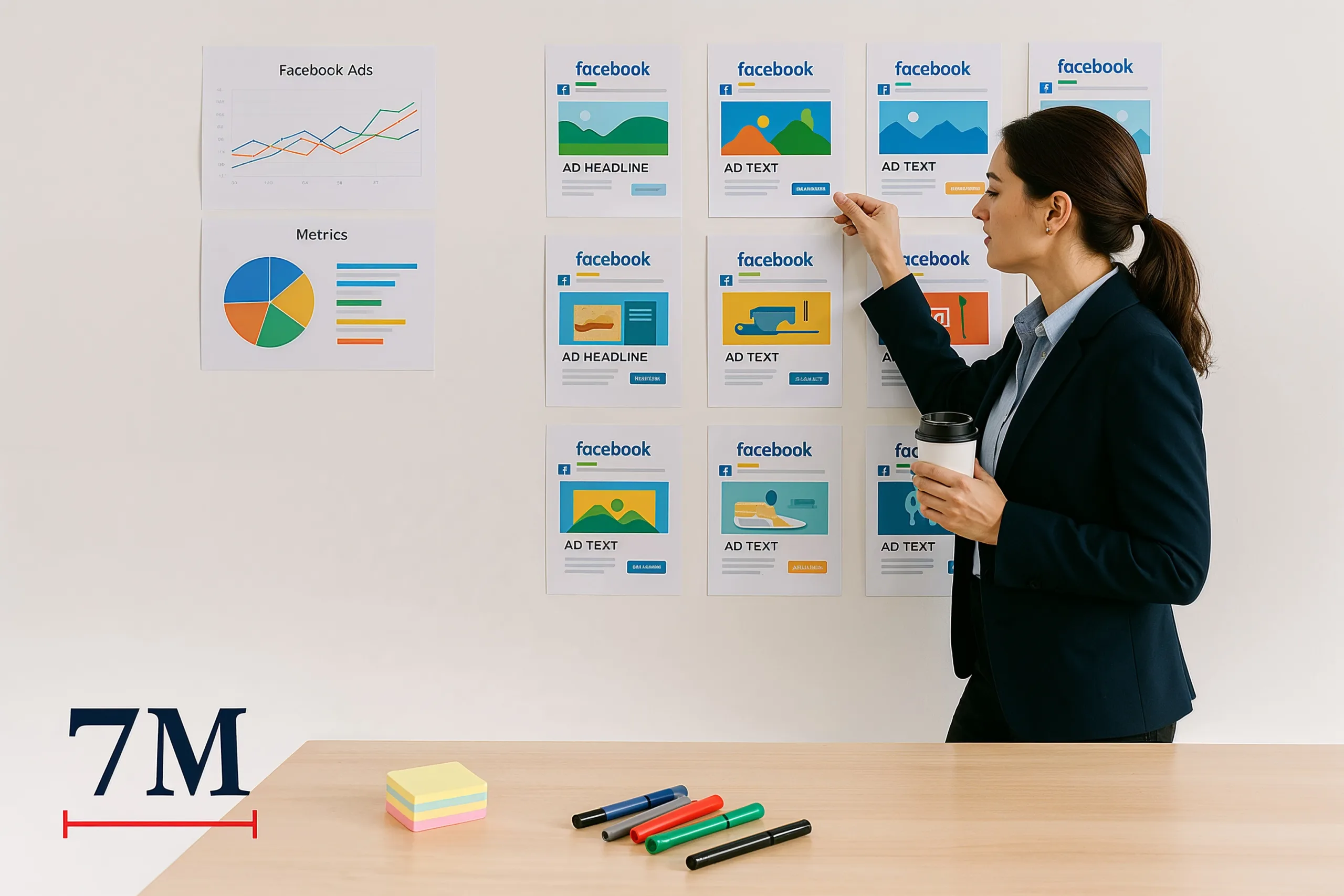 Business professional reviewing Facebook ad examples and marketing data on a creative workspace wall