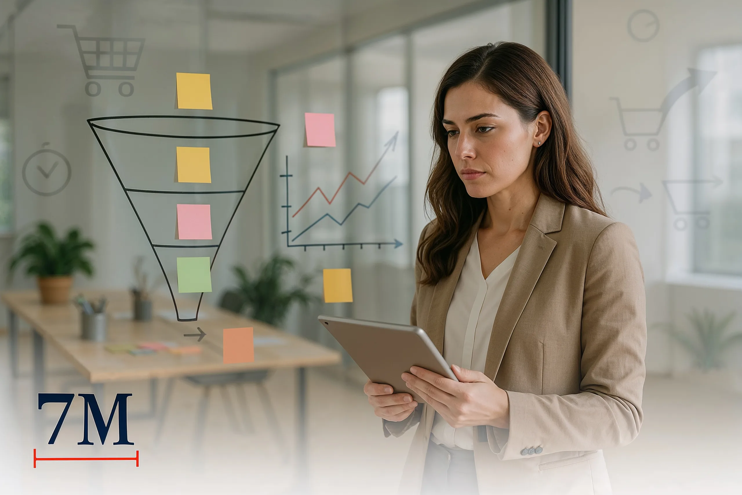 Businesswoman in modern office analyzing conversion funnels with diagrams and notes, representing digital ad strategy.