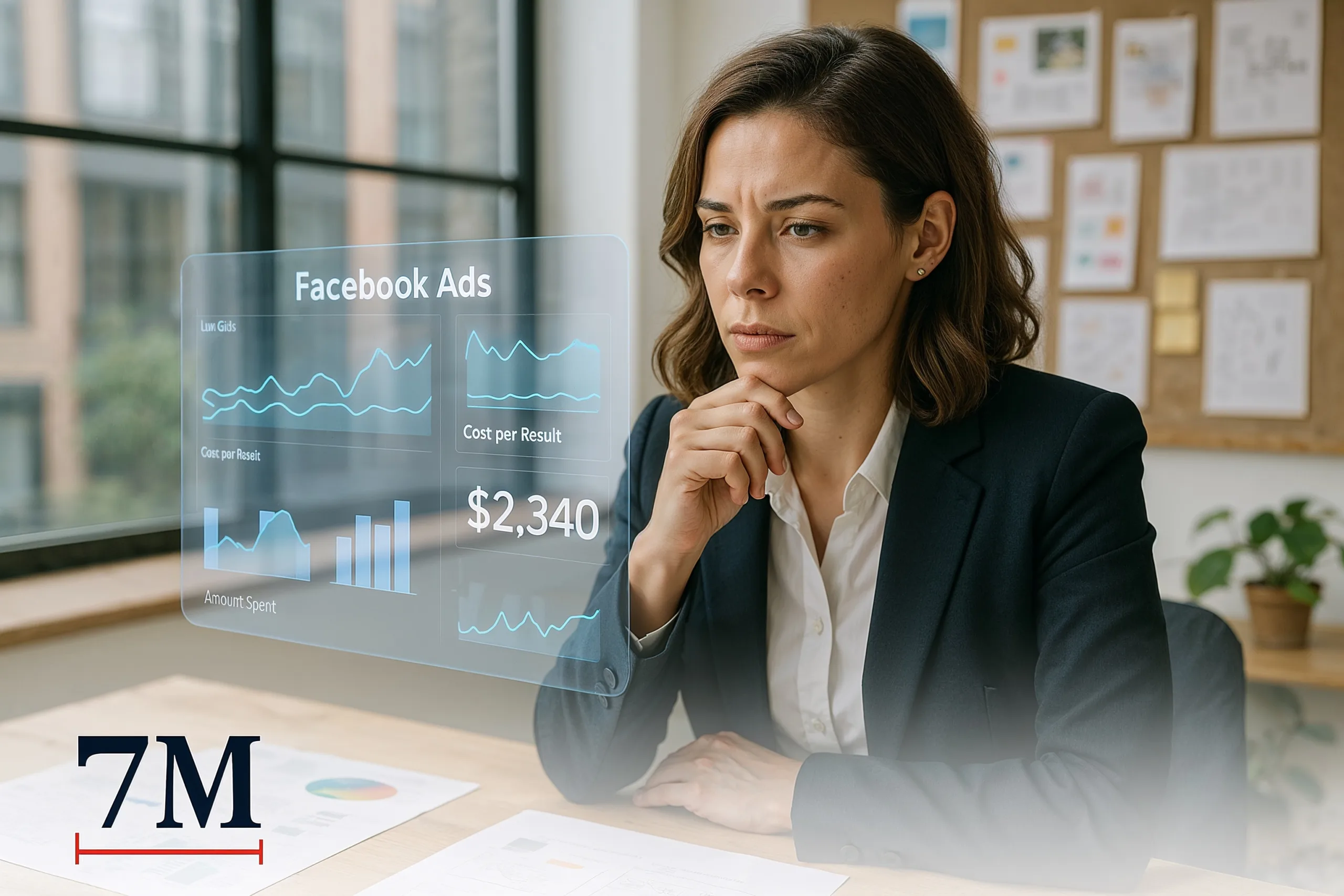 Businesswoman in smart attire analyzes projected Facebook ad analytics in a creative, modern workspace.