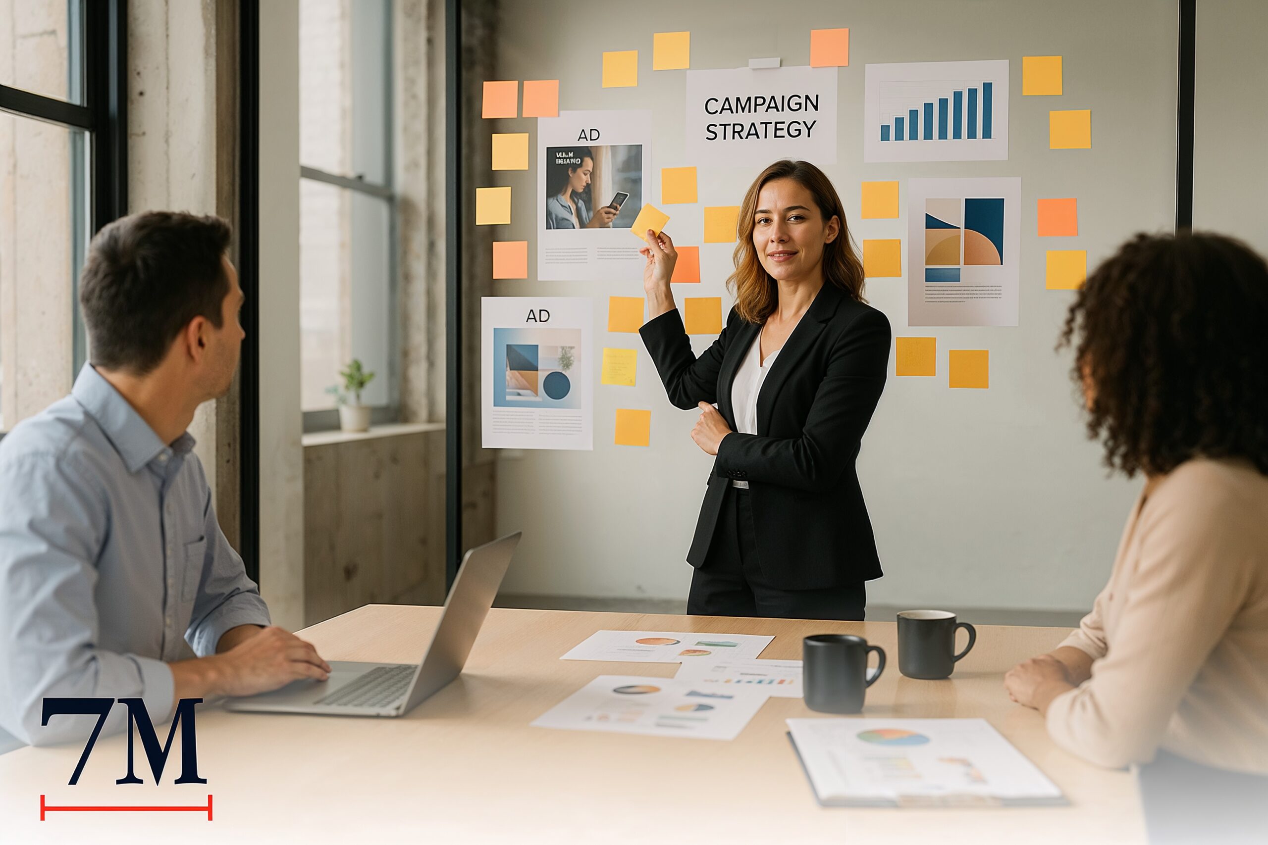 Businesswoman in a modern office presenting Facebook ad campaign strategies on a glass wall with creative notes and marketing data.