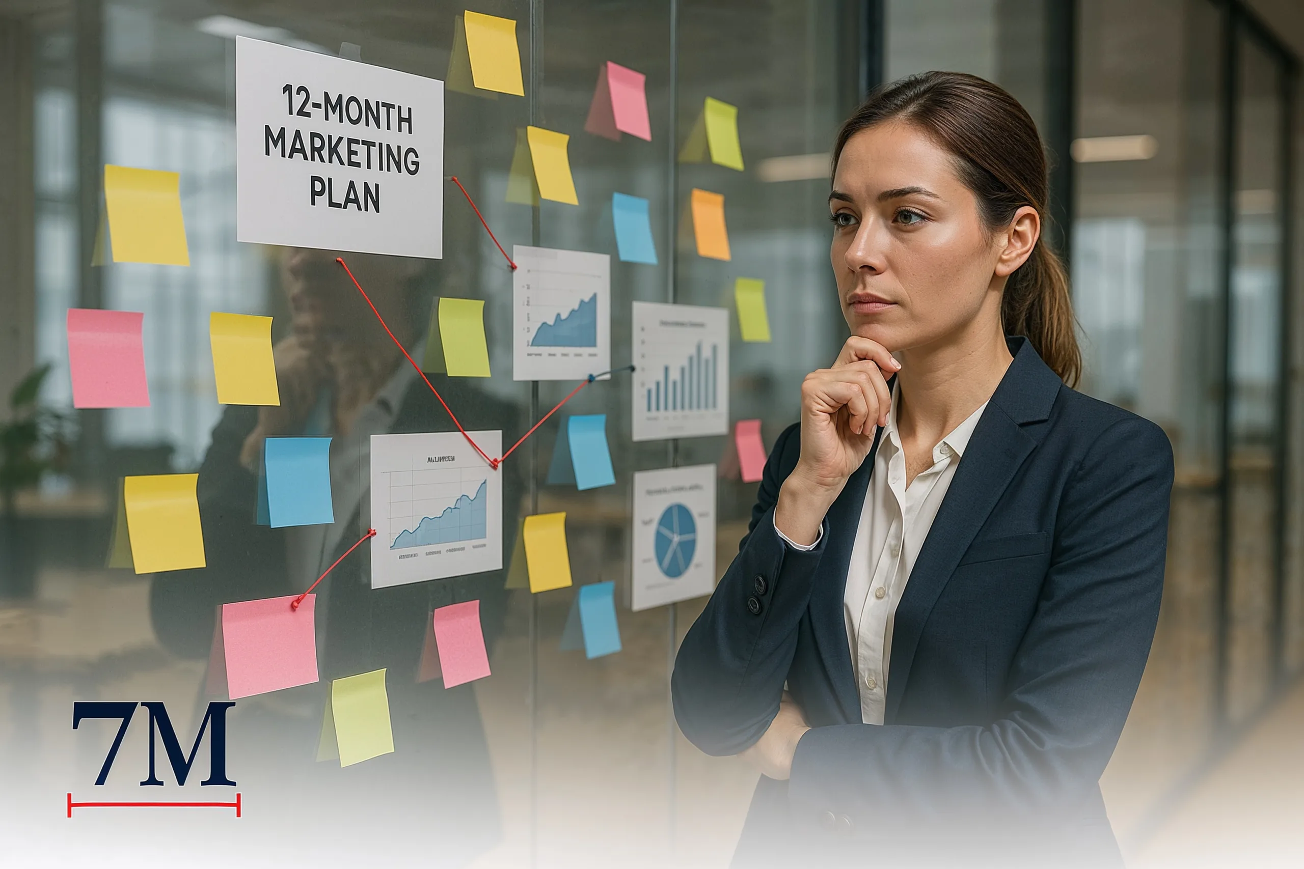 Businesswoman planning a 12-month marketing strategy with charts and notes on a glass wall in a modern, creative office.