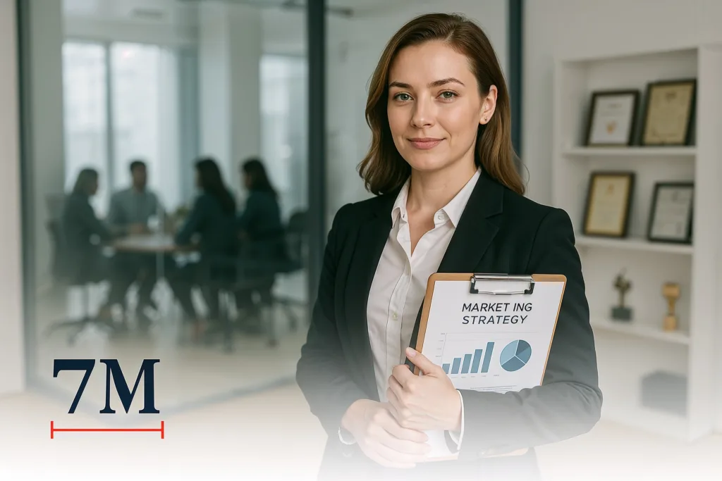Businesswoman holding marketing strategy clipboard in modern office, symbolizing trust and agency legitimacy