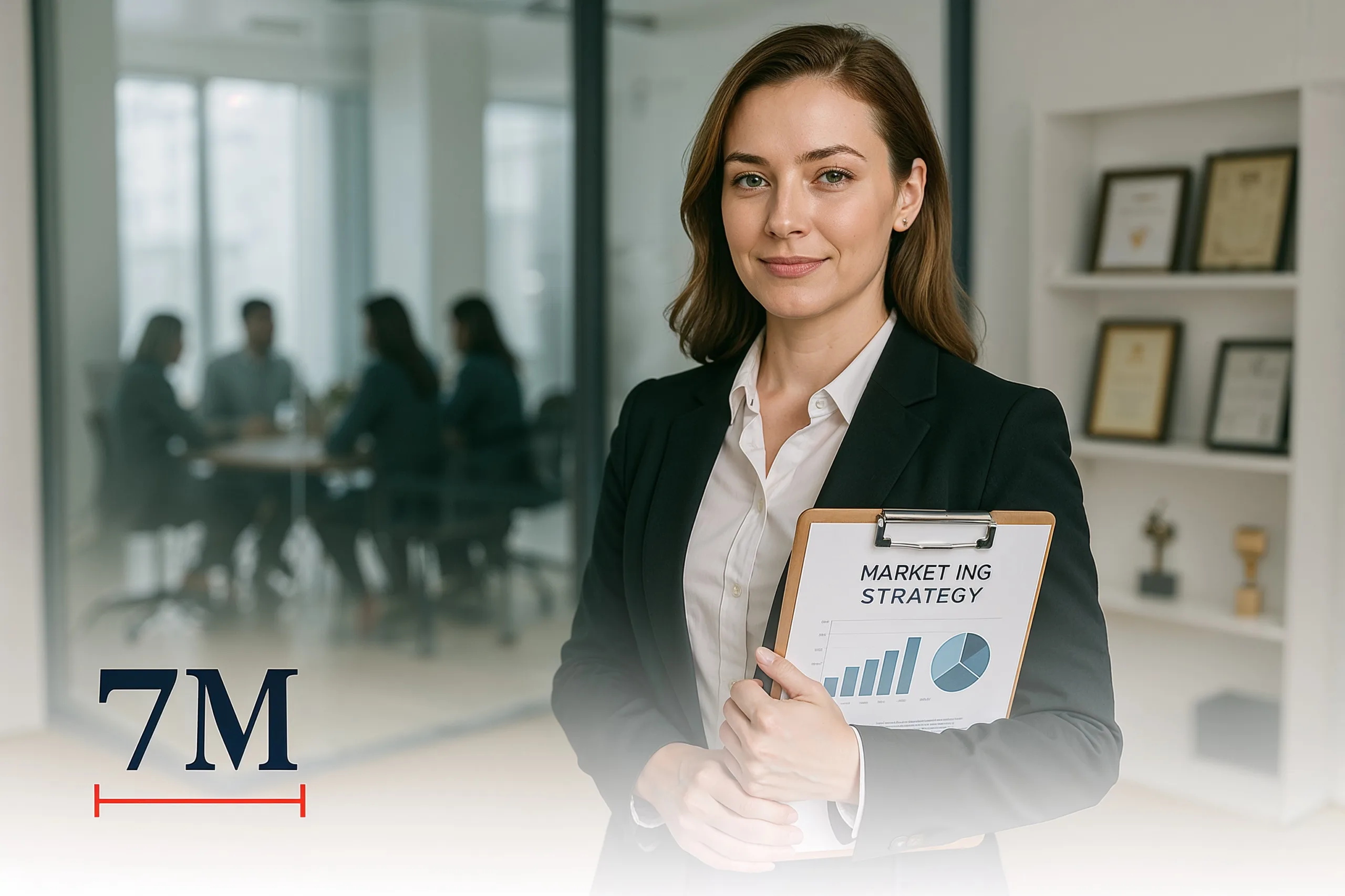 Businesswoman holding marketing strategy clipboard in modern office, symbolizing trust and agency legitimacy